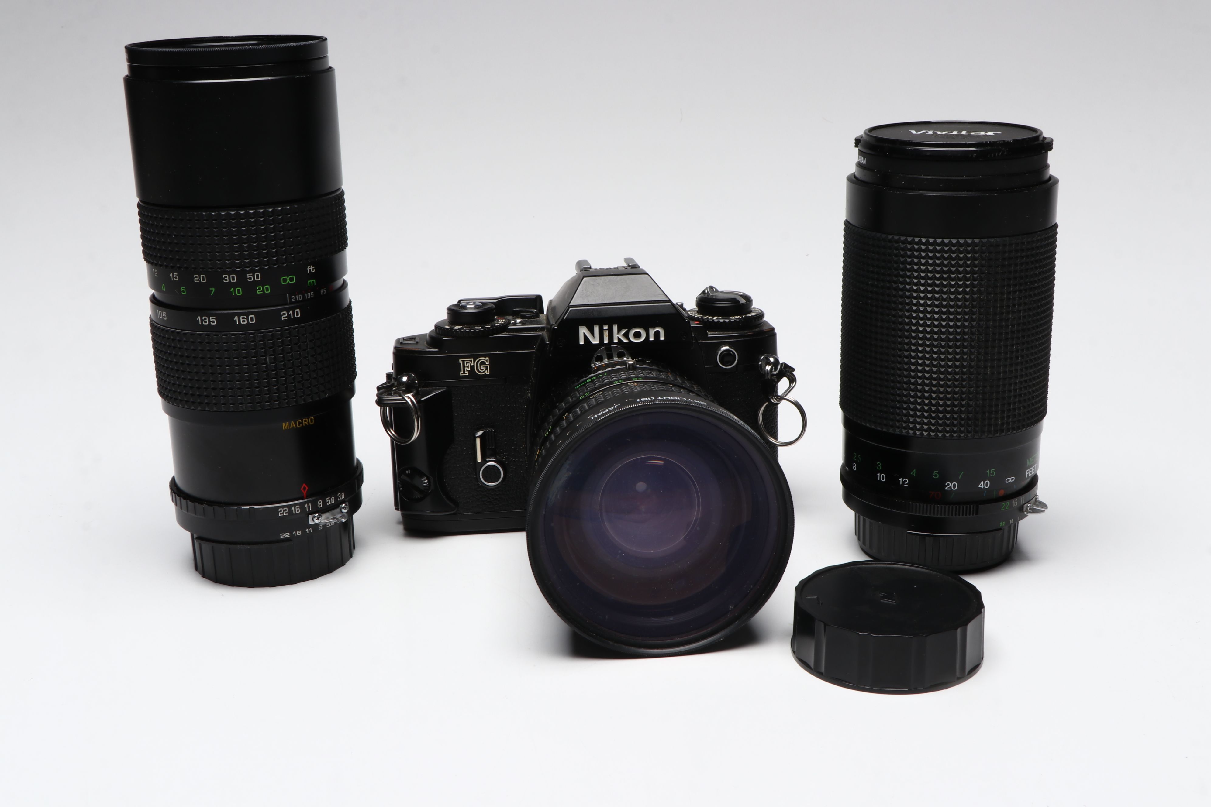 Nikon FG SLR Camera with Vivitar and Promaster Spectrum 7 Lenses