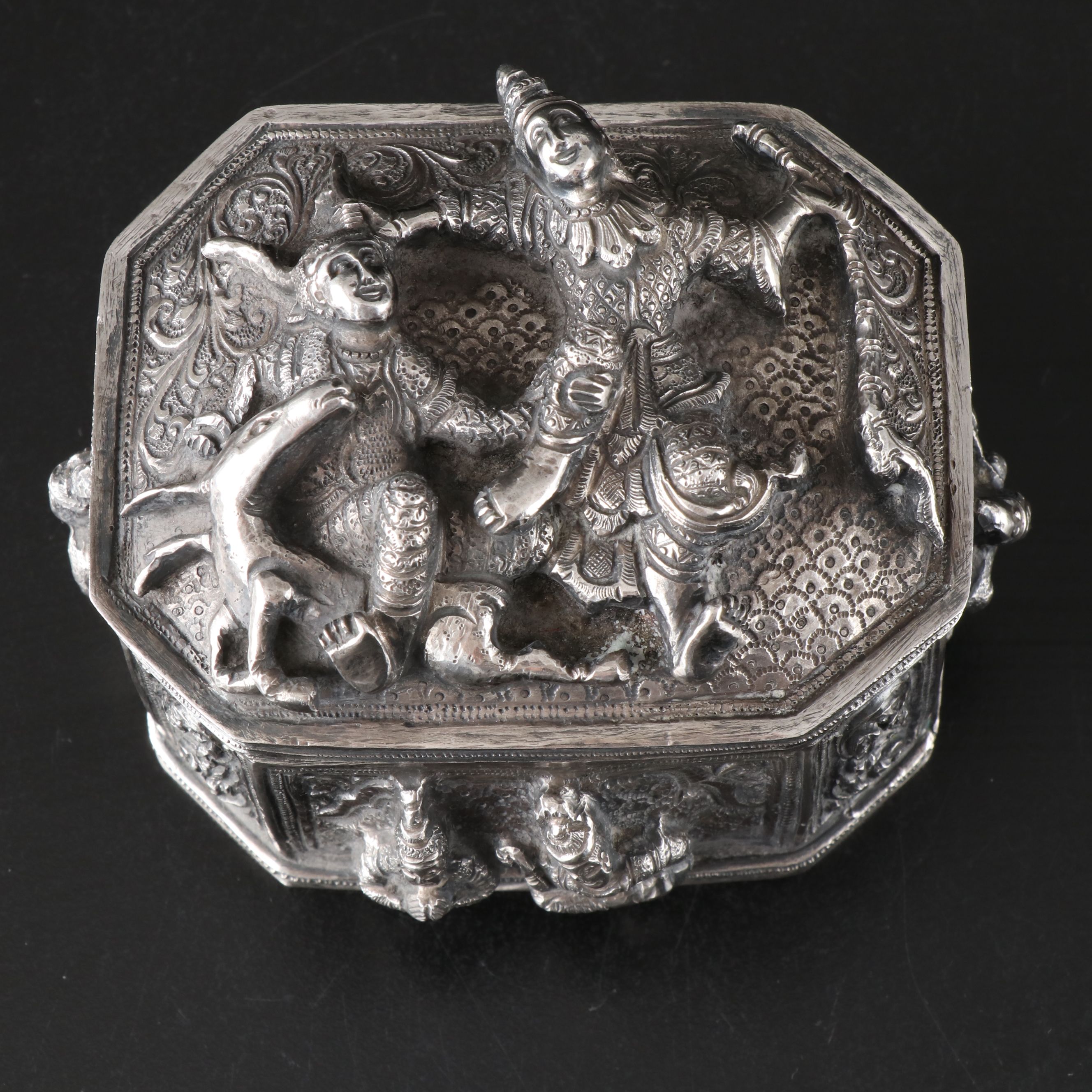 Burmese Sterling Repoussé Figural Betel Lime Box, Late 19th/Early 20th C.