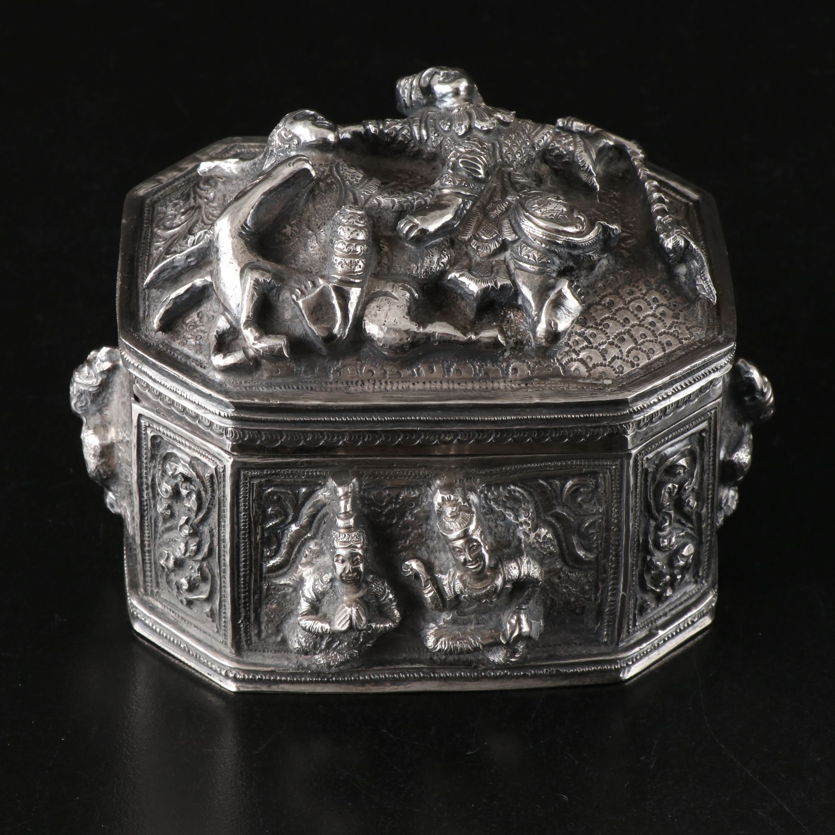 Burmese Sterling Repoussé Figural Betel Lime Box, Late 19th/Early 20th C.