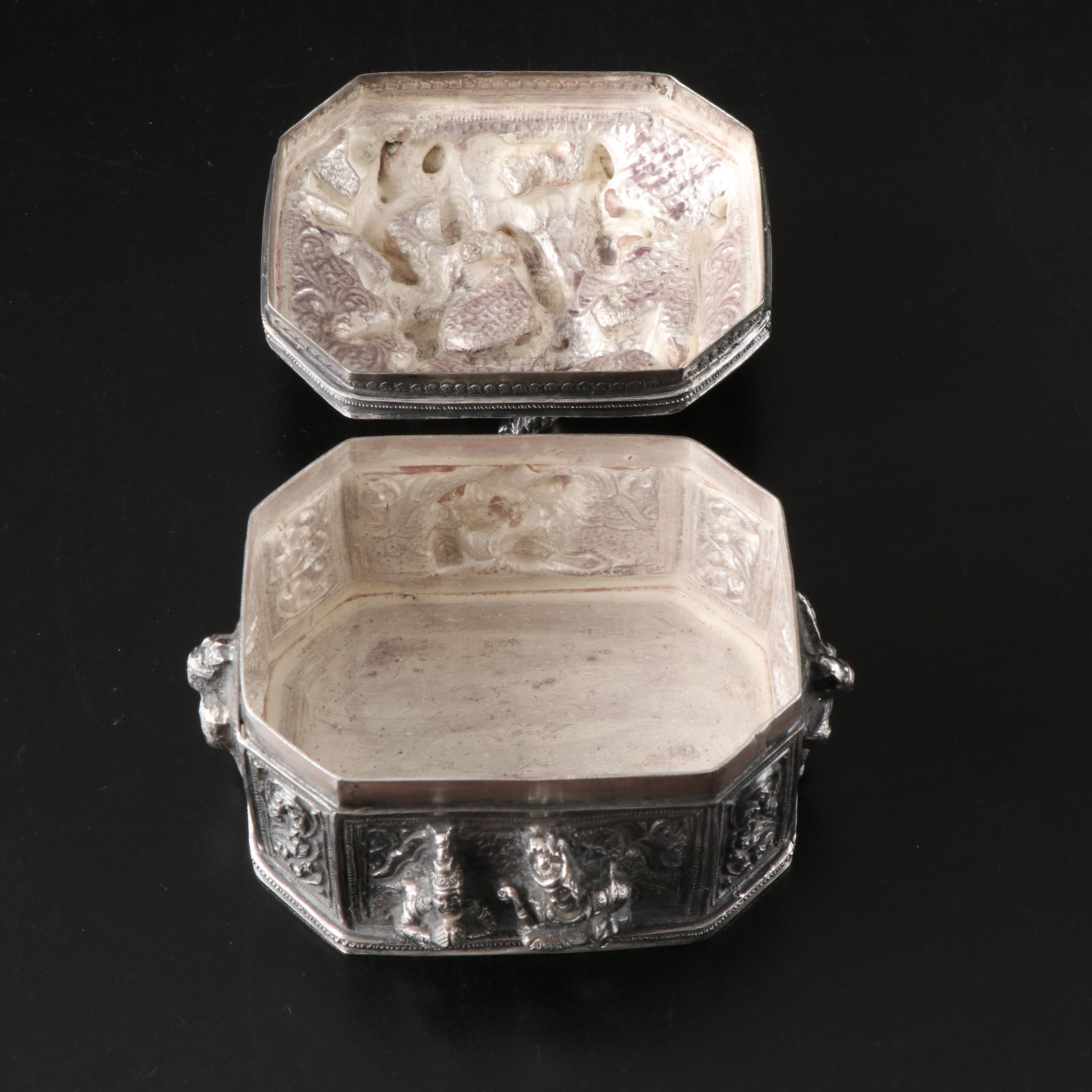 Burmese Sterling Repoussé Figural Betel Lime Box, Late 19th/Early 20th C.