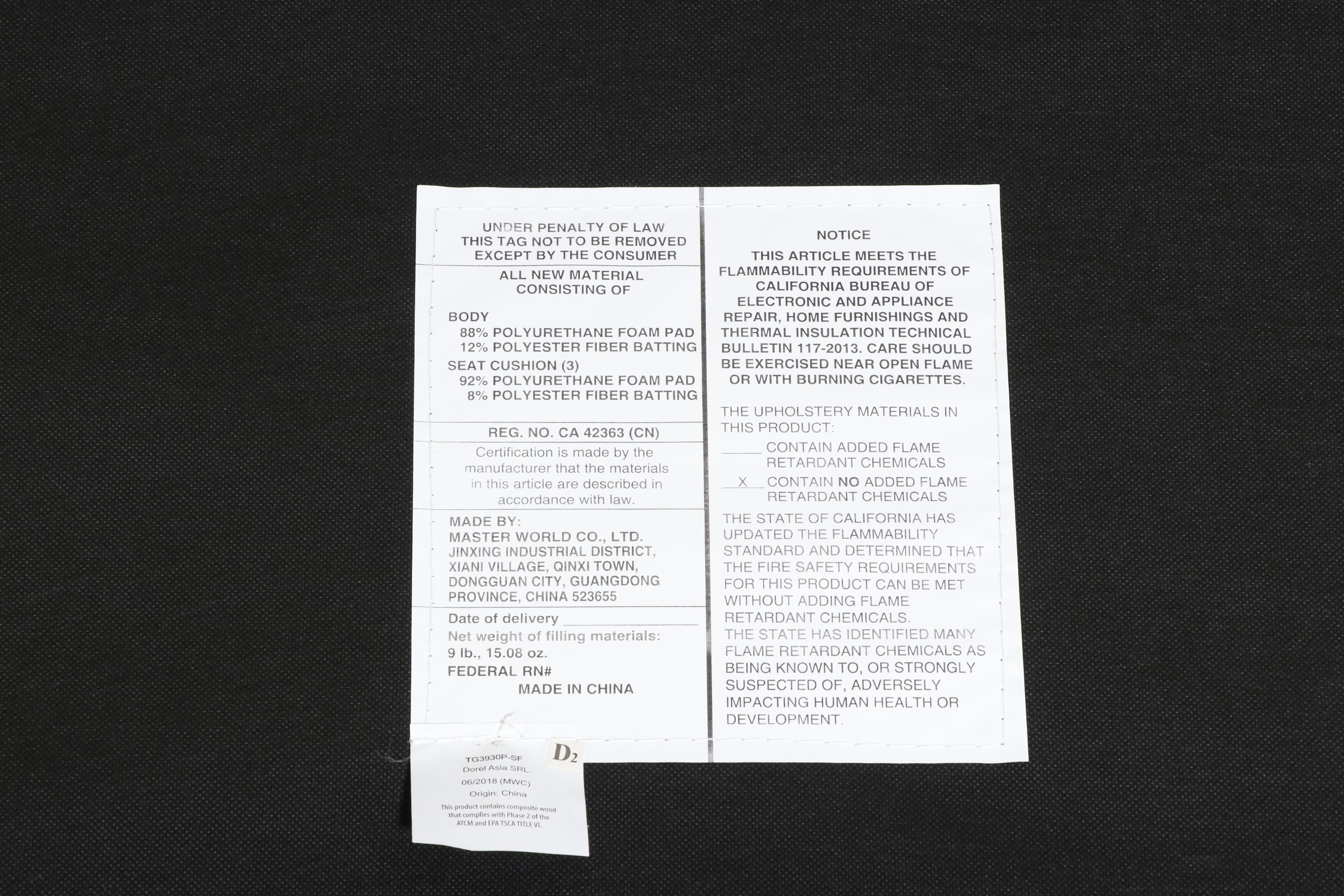 Dorel Living Tufted Three-Cushion Sofa, 2018