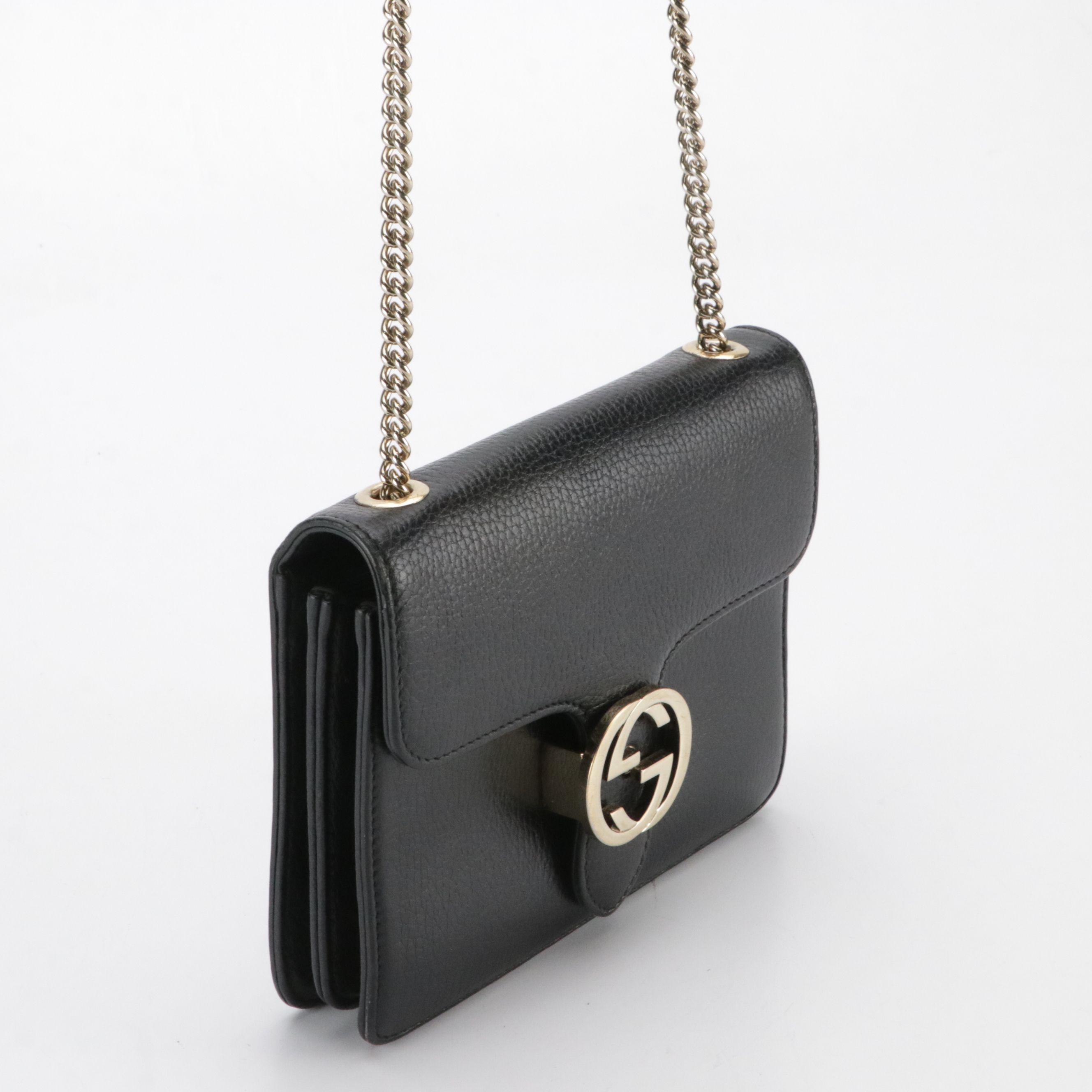 Gucci Interlocking GG Dollar Chain Strap Bag in Black Grained Calfskin Leather