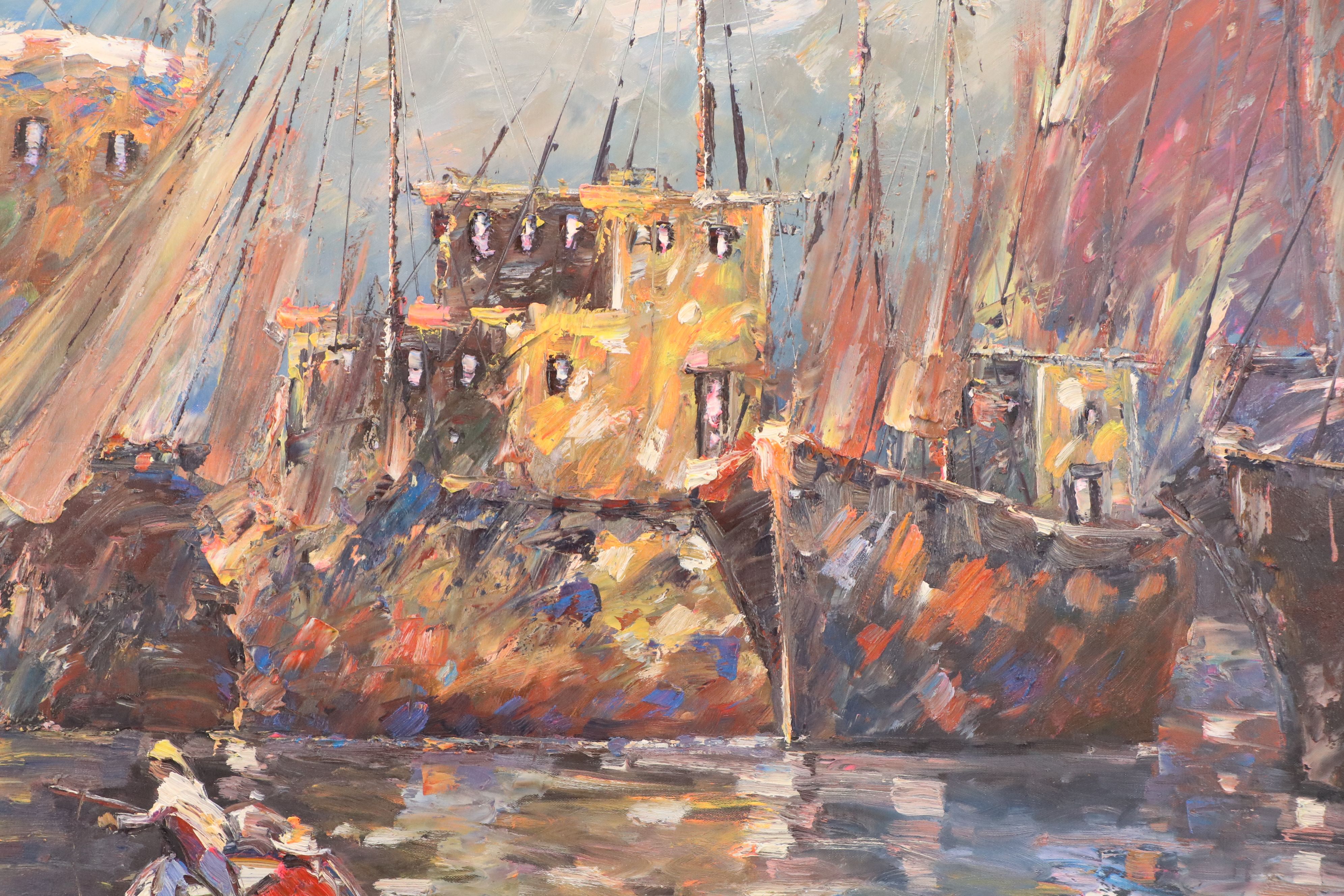 Harbor Scene Oil Painting, Late 20th or 21st Century