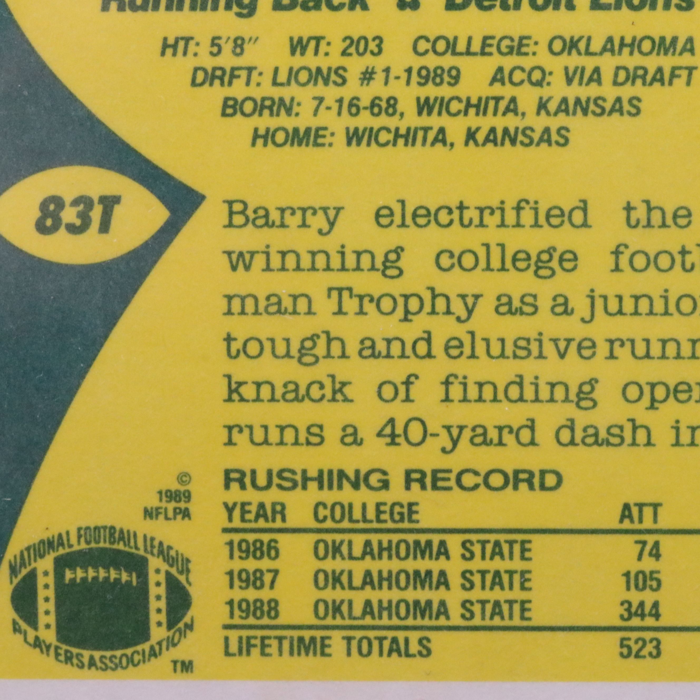 1989 Topps Traded Barry Sanders Detroit Lions Rookie Football Card