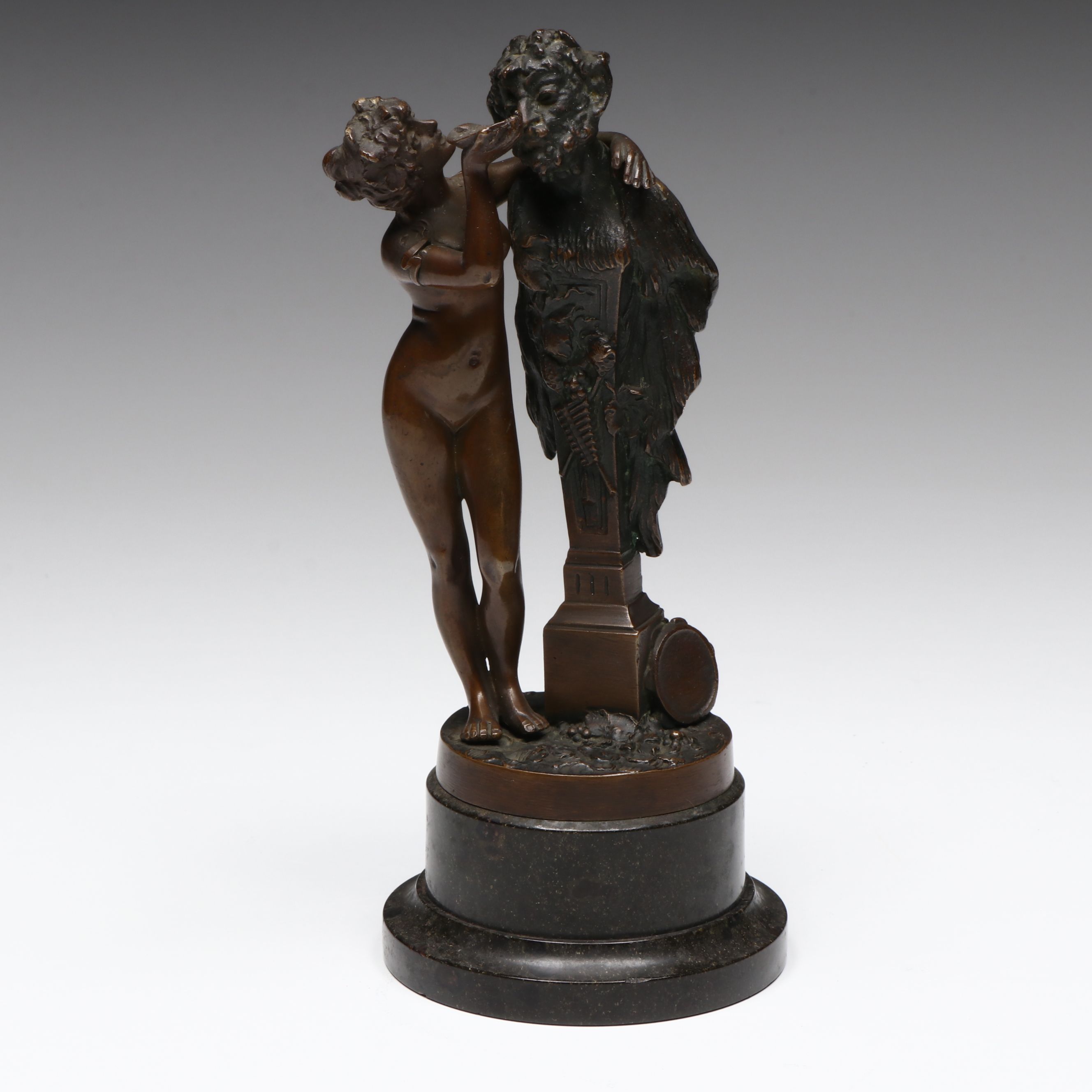 Antique Grand Tour Bronze of Young Nymph Offering Libation to Term of Pan
