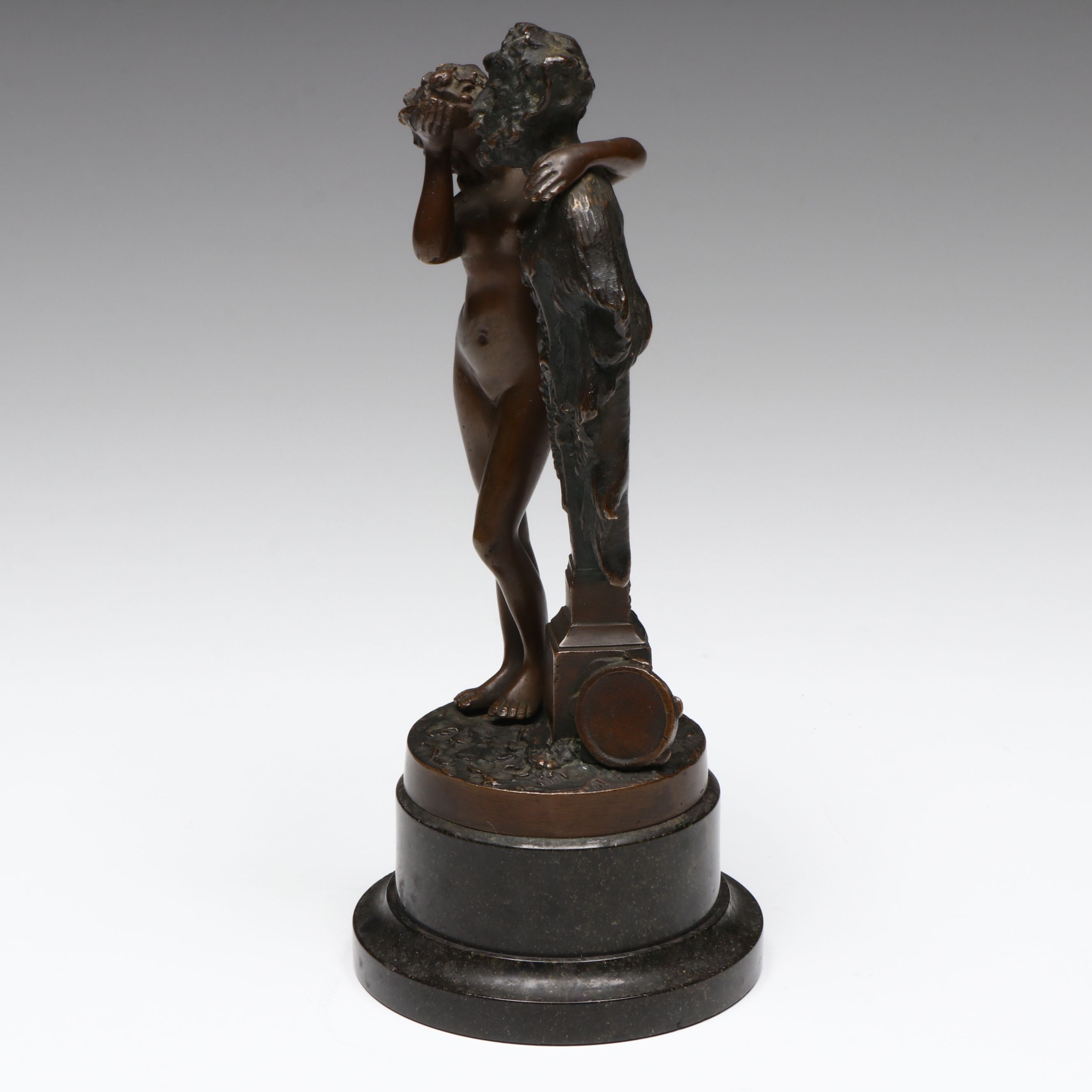 Antique Grand Tour Bronze of Young Nymph Offering Libation to Term of Pan