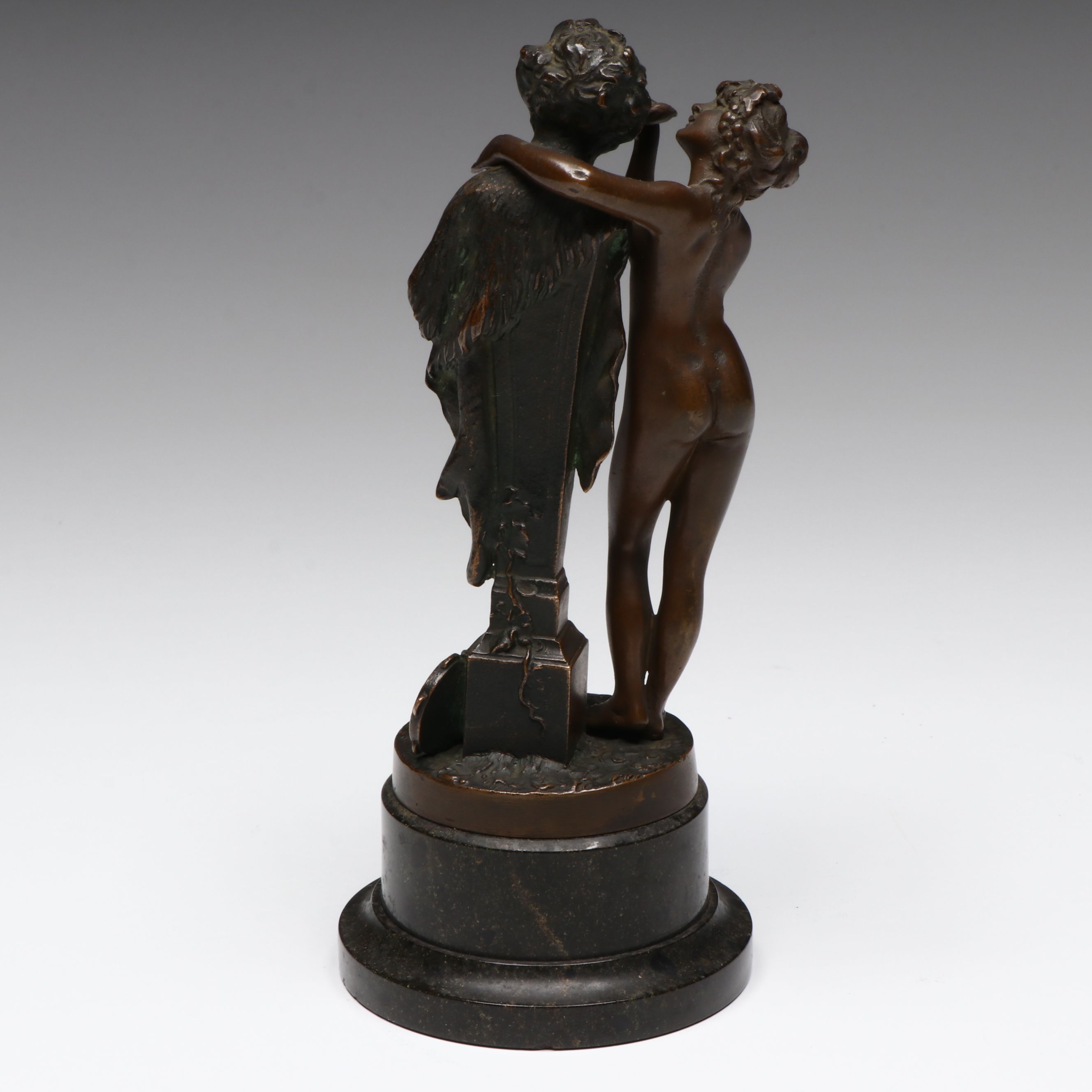 Antique Grand Tour Bronze of Young Nymph Offering Libation to Term of Pan