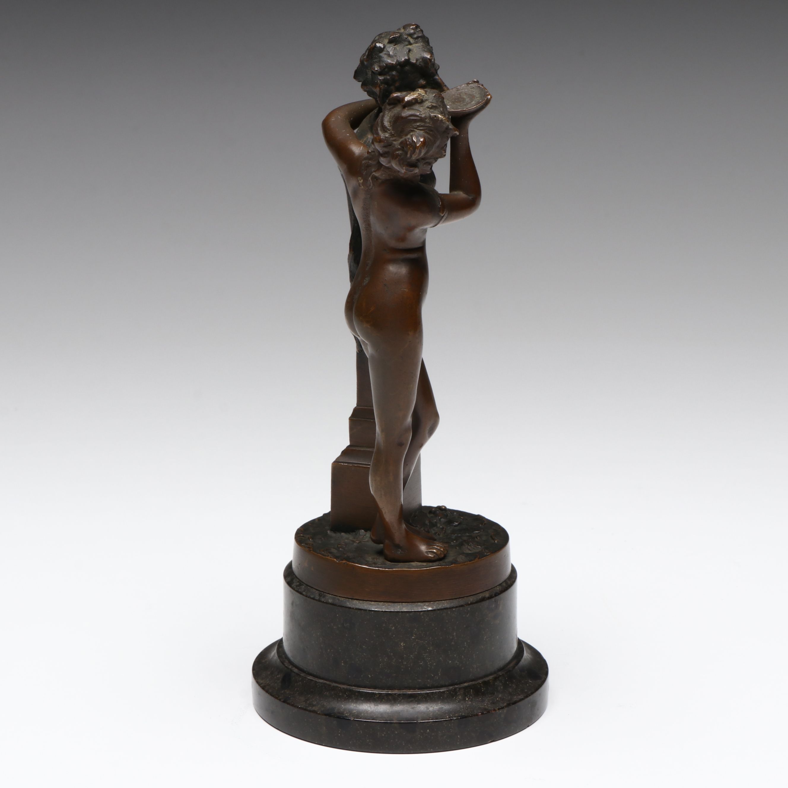 Antique Grand Tour Bronze of Young Nymph Offering Libation to Term of Pan