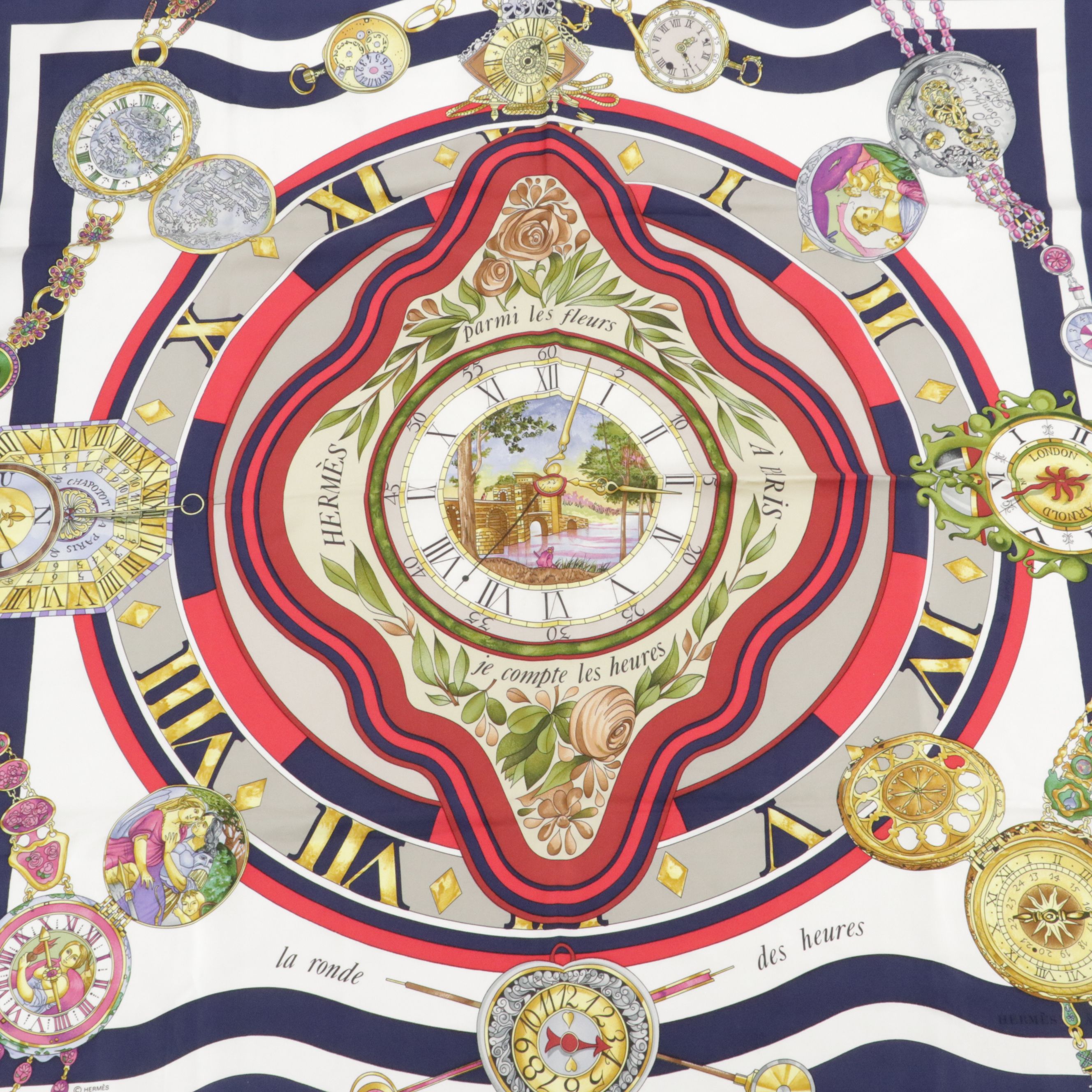 Hermès "La Ronde des Heures" Scarf 90 in Silk Twill