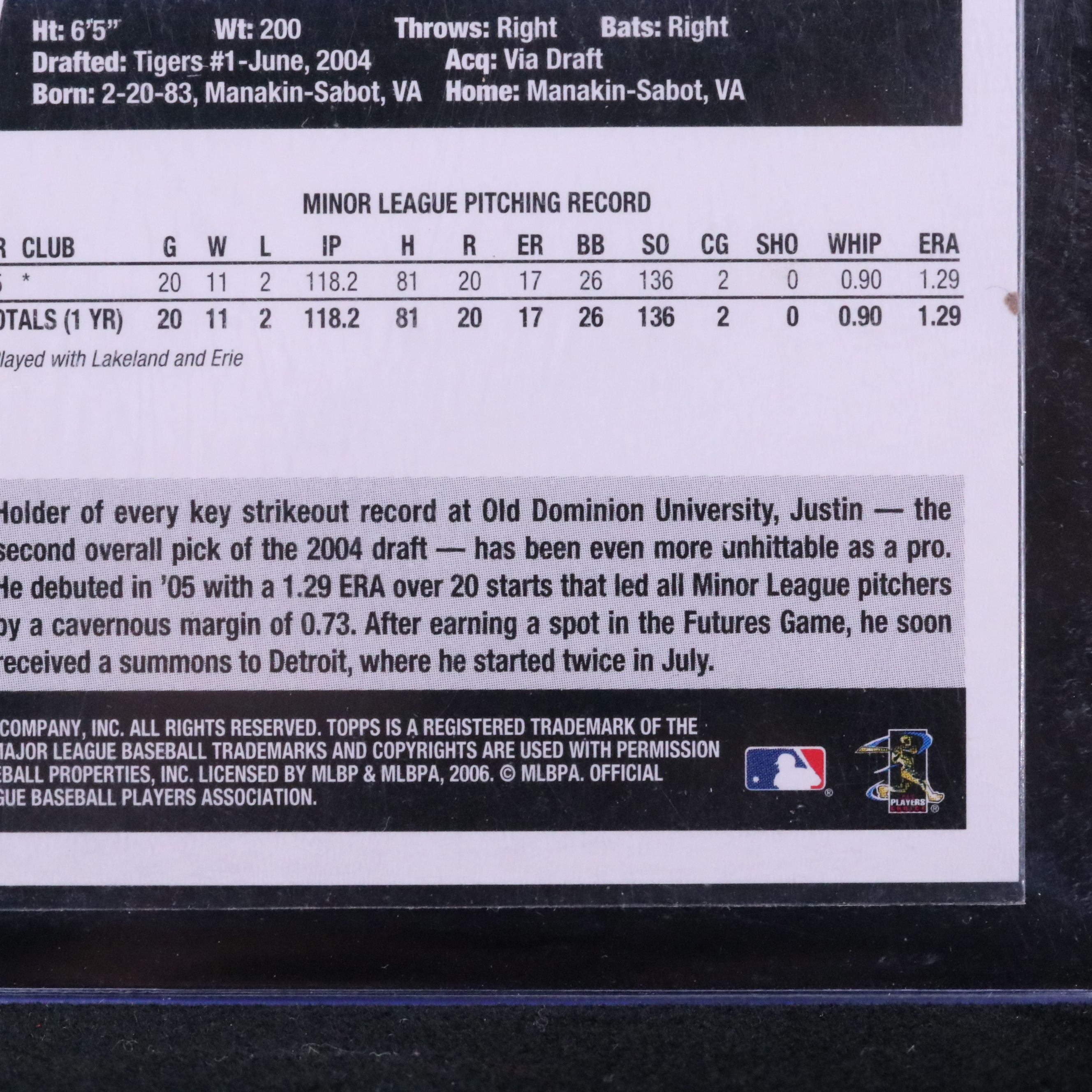 2006 Topps Justin Verlander Detroit Tigers Rookie Baseball Card