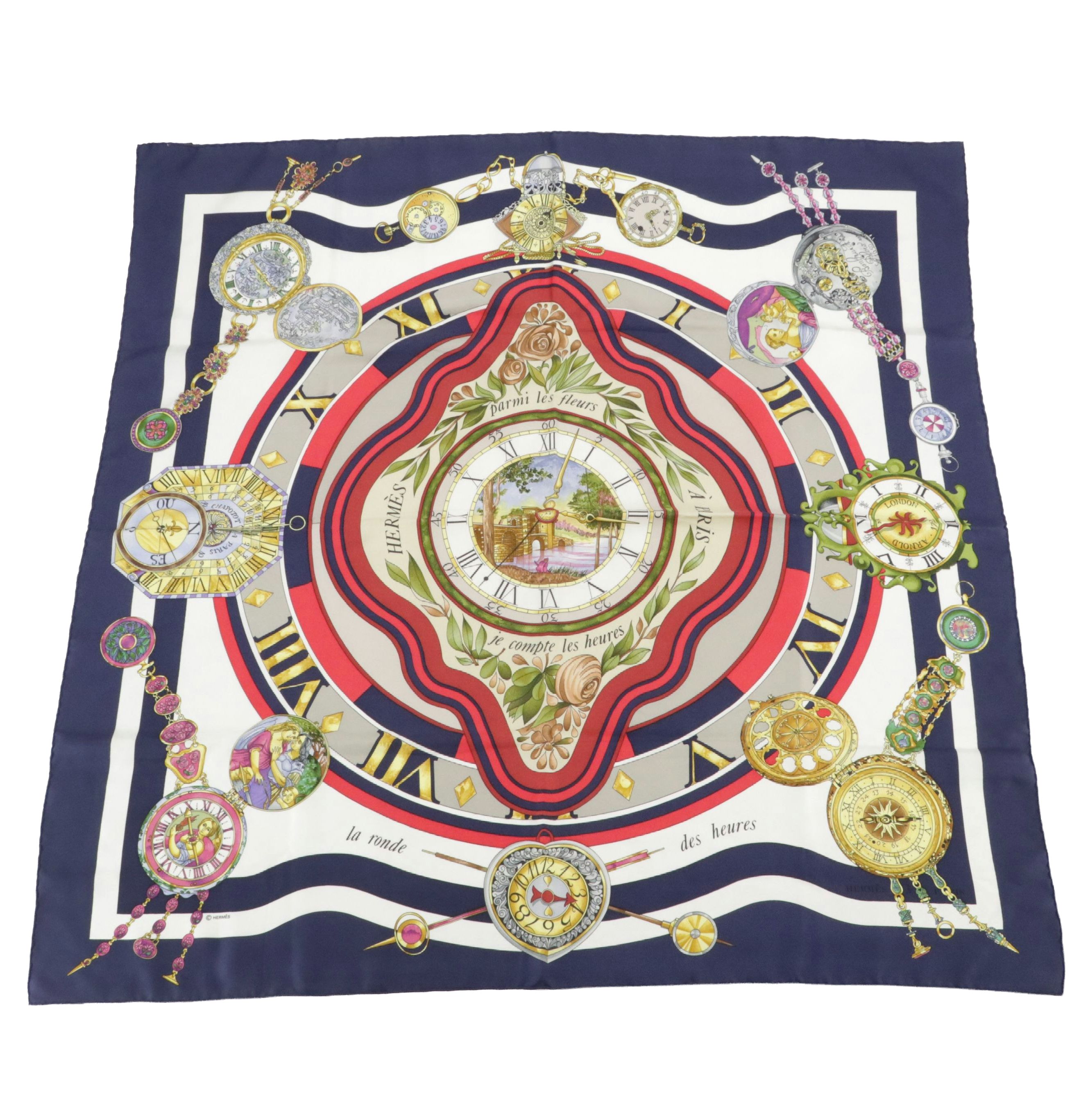 Hermès "La Ronde des Heures" Scarf 90 in Silk Twill