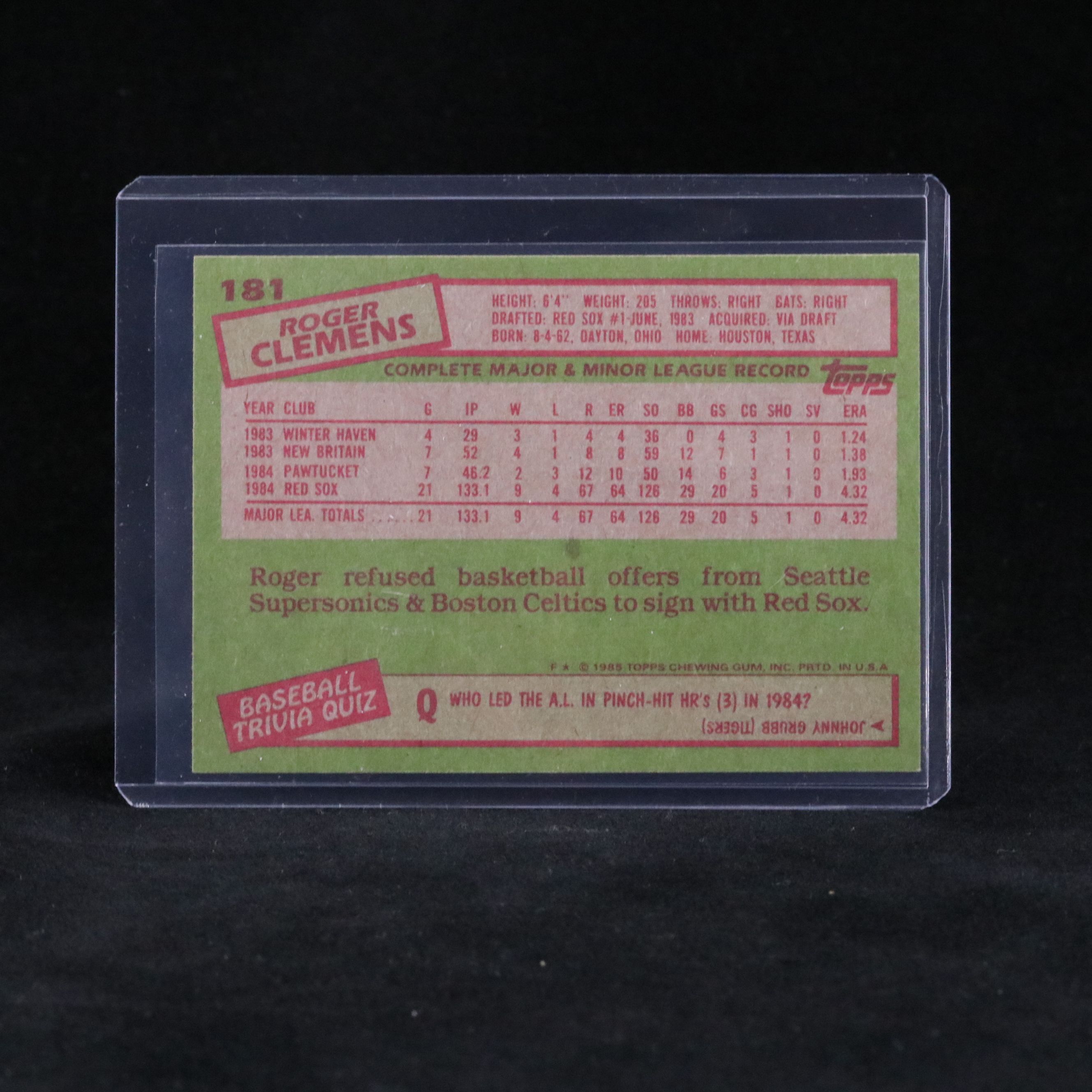 1985 Topps Roger Clemens Boston Red Sox Rookie Baseball Card