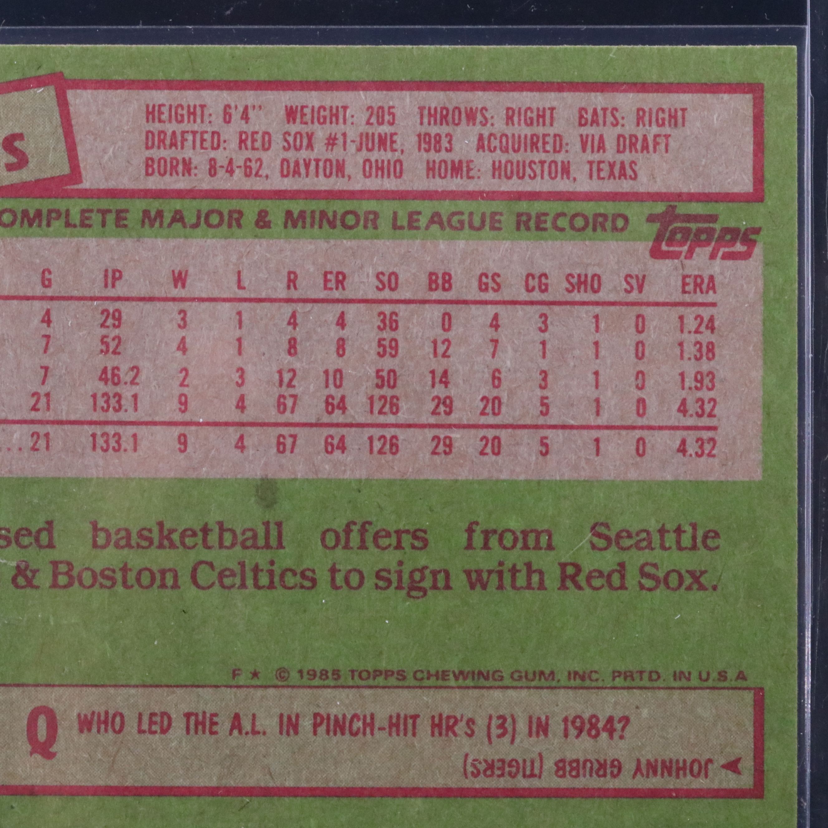 1985 Topps Roger Clemens Boston Red Sox Rookie Baseball Card