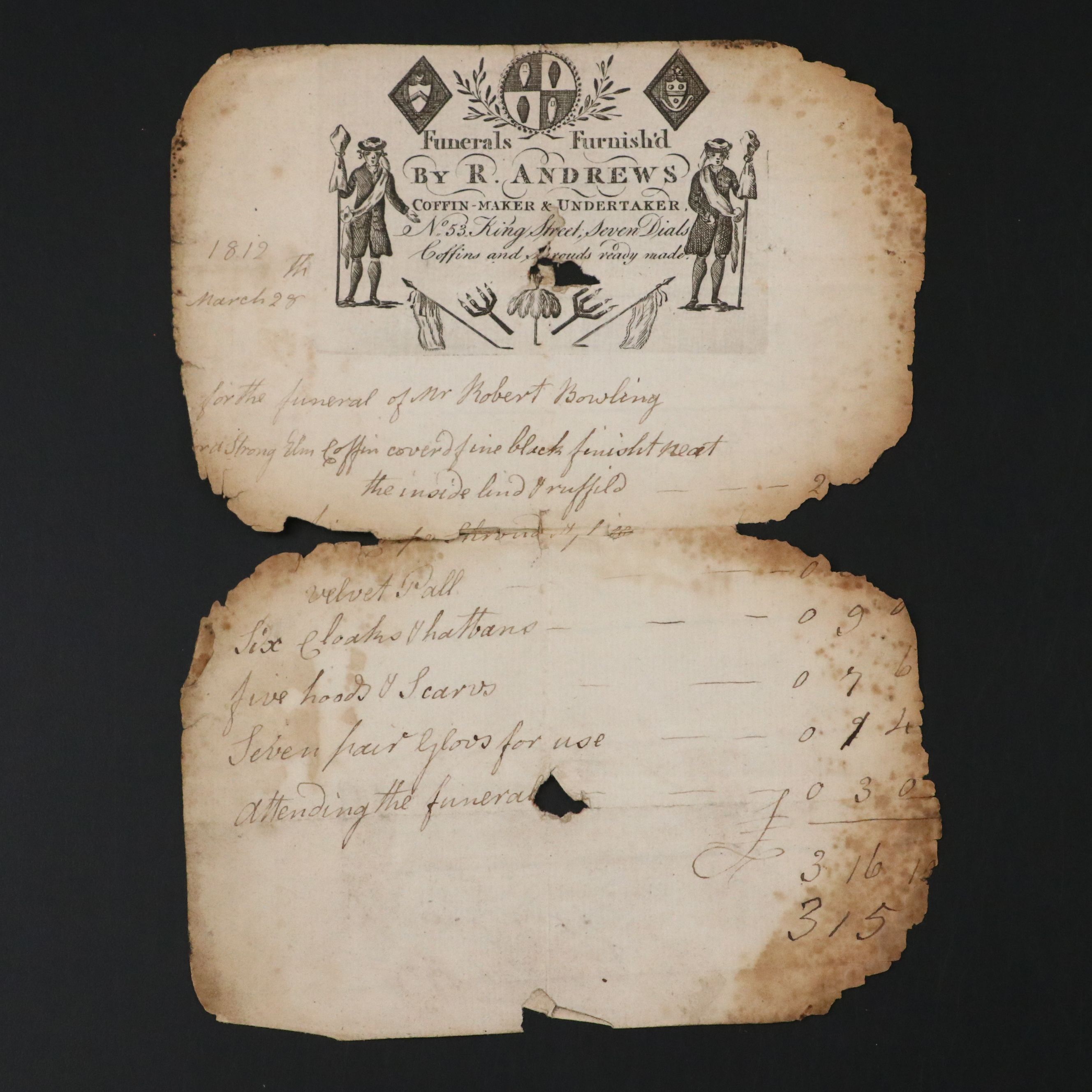 Antique 1812 R. Andrews Coffin Maker and Undertaker Funeral Invoice