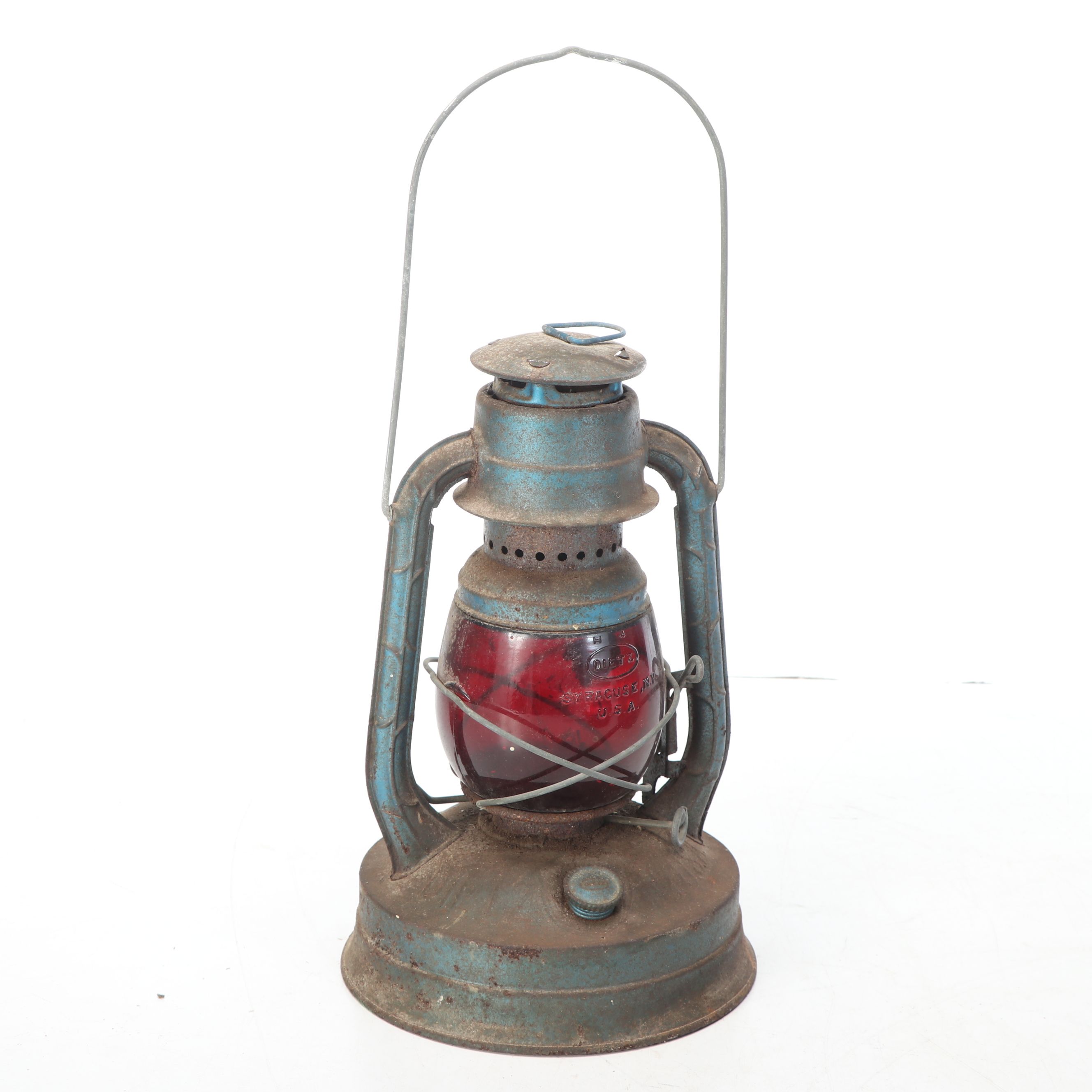 Dietz No. 100 Kerosene Lamp with Industrial Pulley and Stacked Cookware, Antique