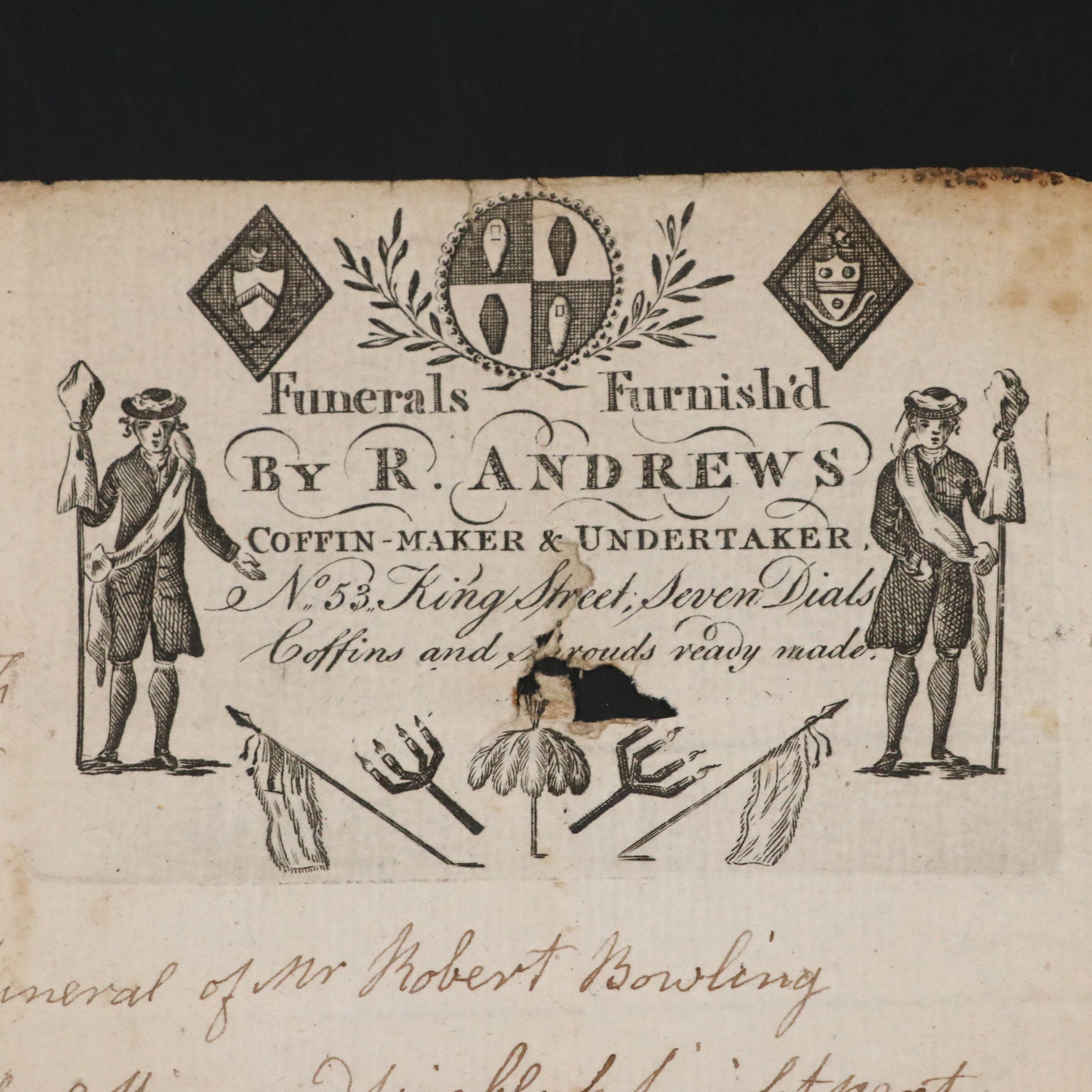 Antique 1812 R. Andrews Coffin Maker and Undertaker Funeral Invoice