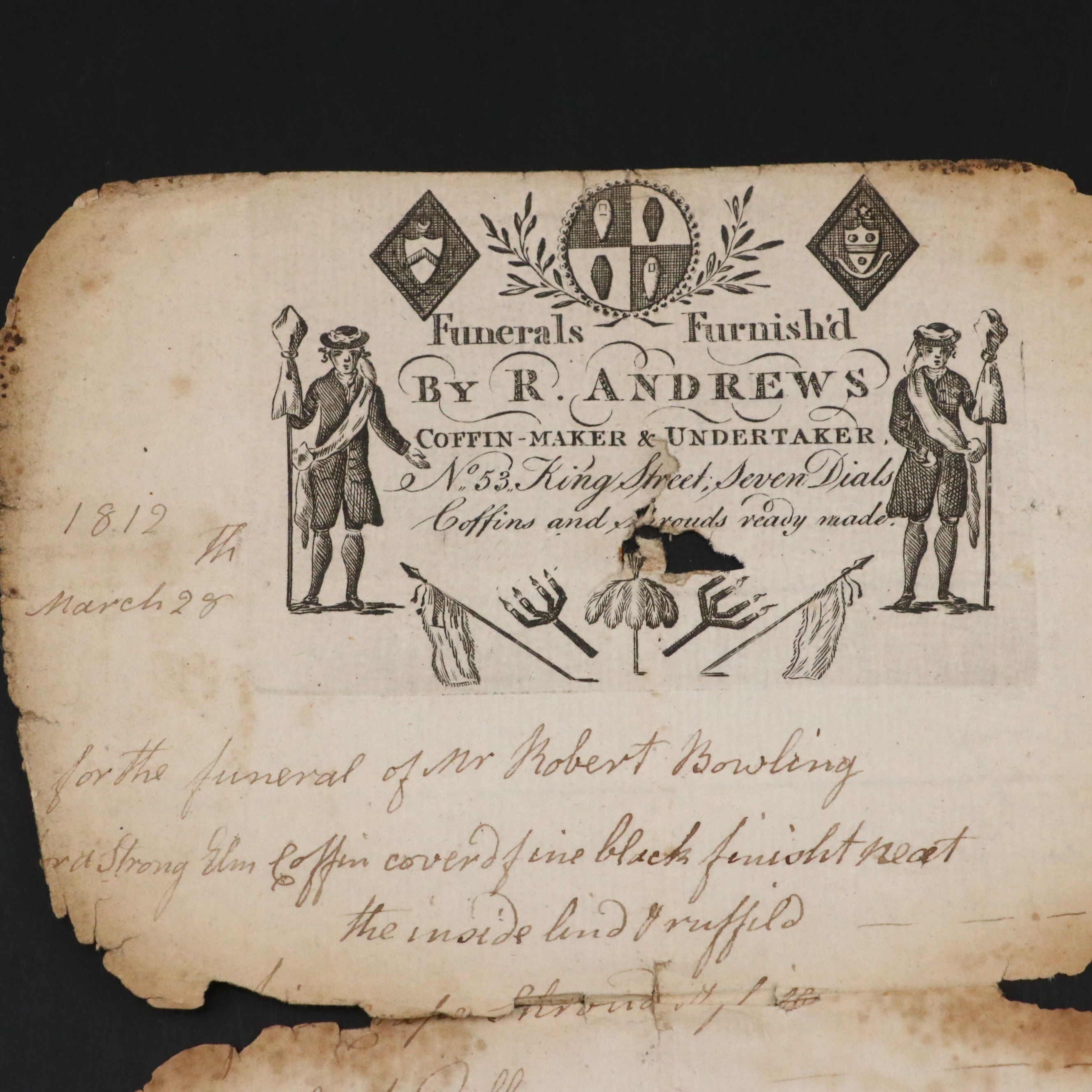 Antique 1812 R. Andrews Coffin Maker and Undertaker Funeral Invoice