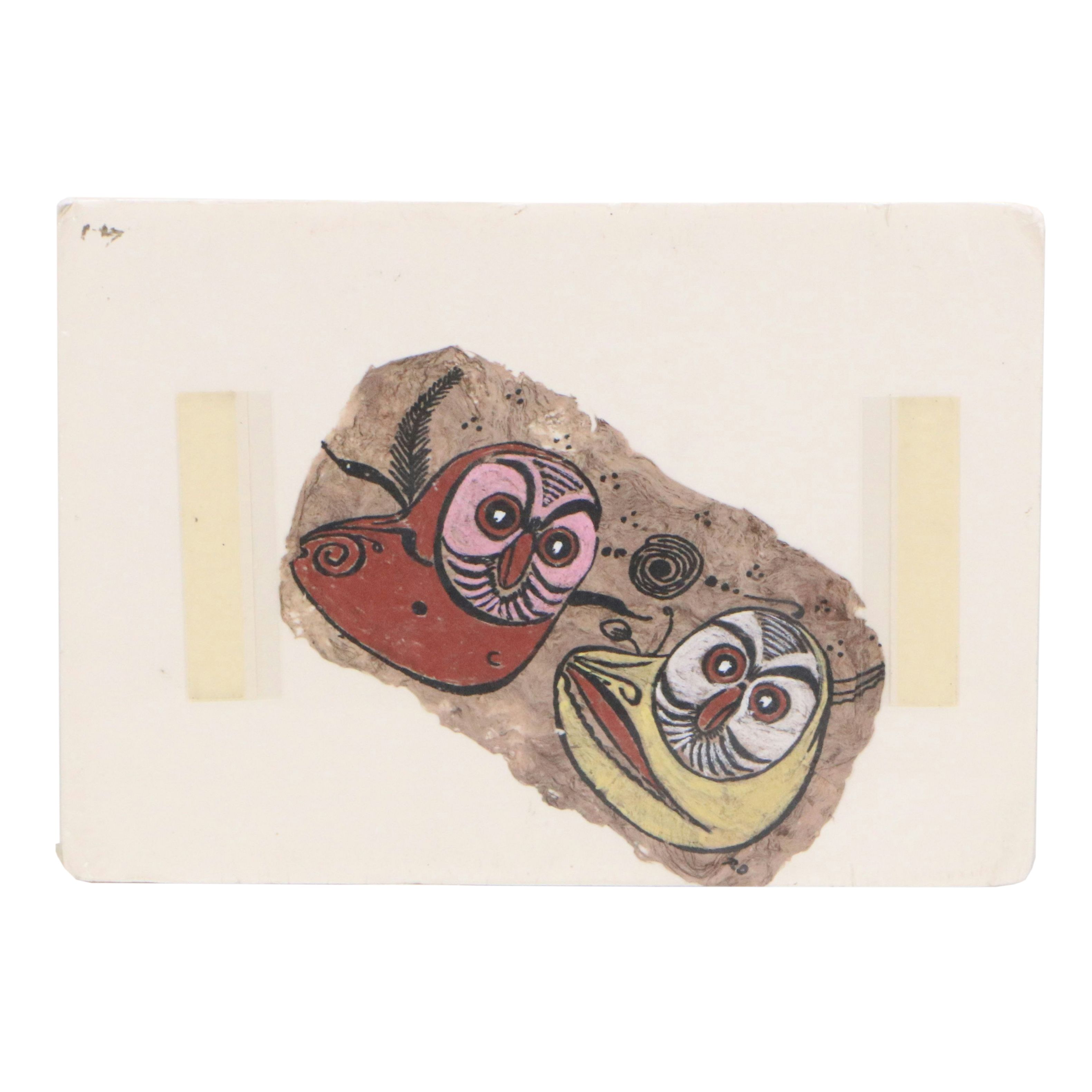 Mexican Amate Bark Painting of Two Owls, Circa 1978