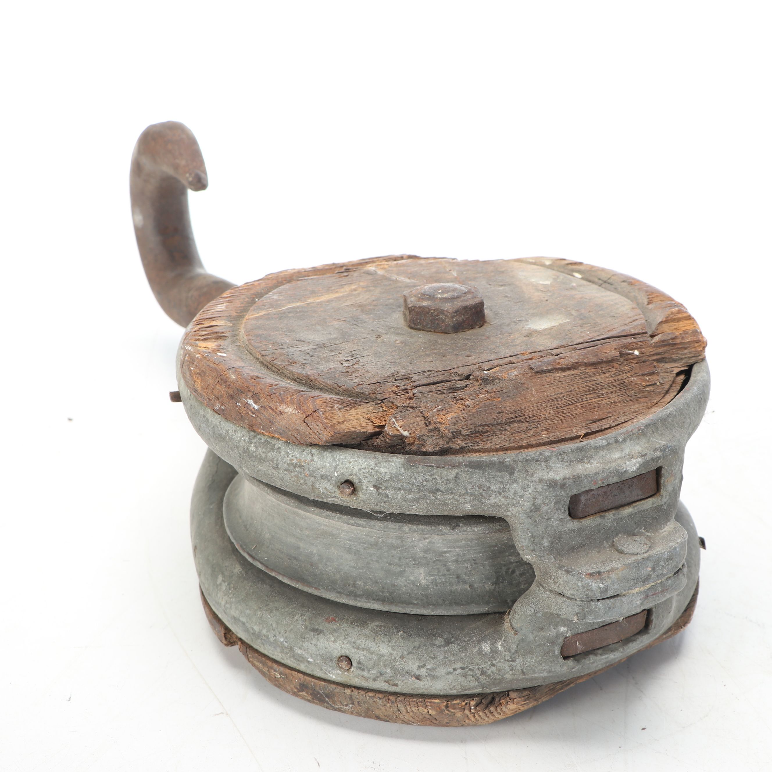 Dietz No. 100 Kerosene Lamp with Industrial Pulley and Stacked Cookware, Antique