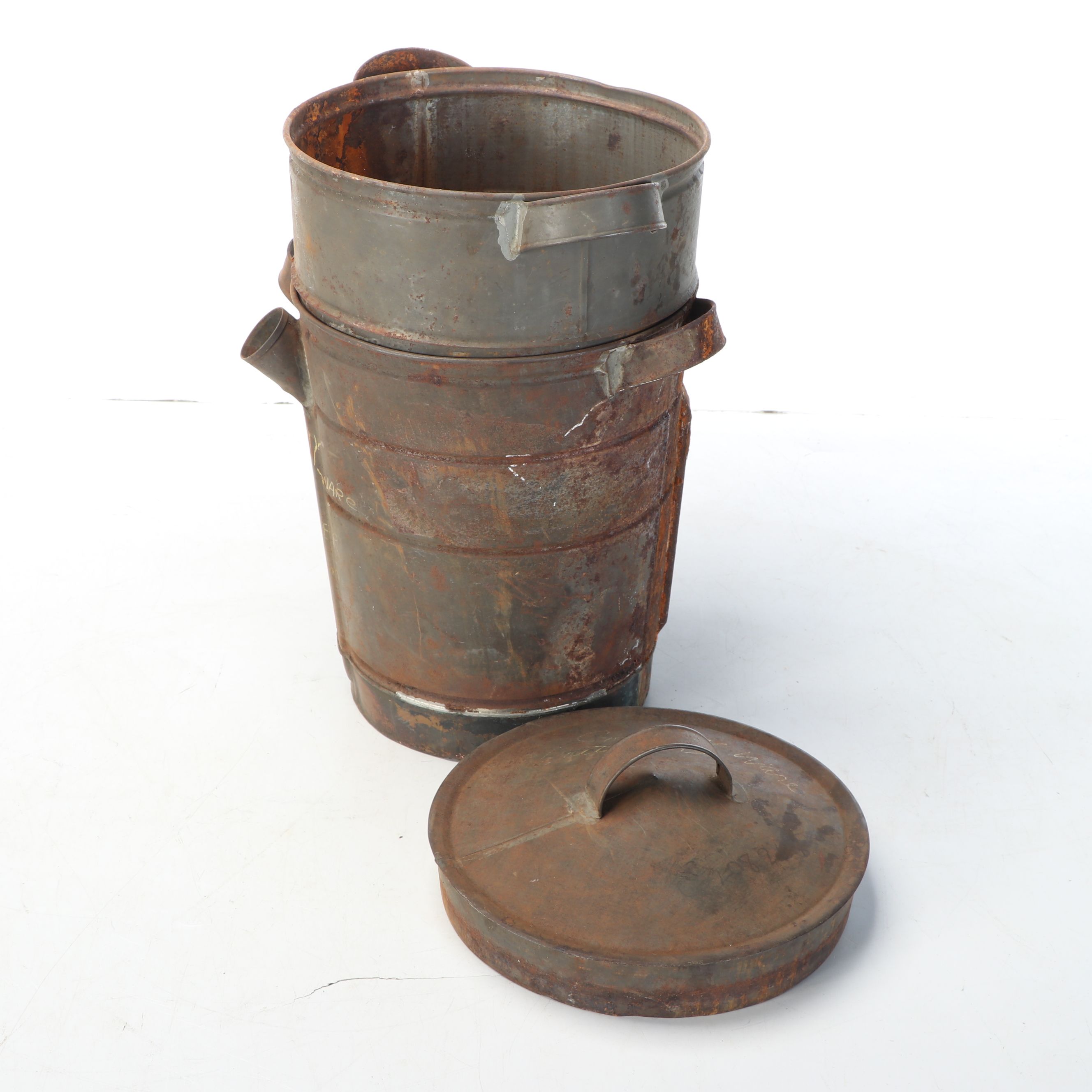 Dietz No. 100 Kerosene Lamp with Industrial Pulley and Stacked Cookware, Antique