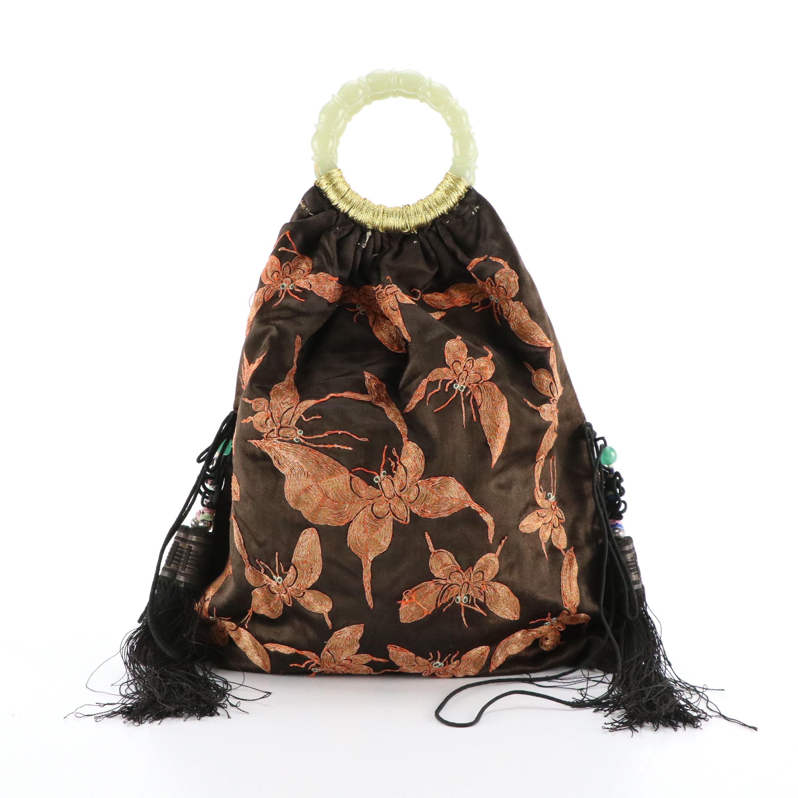 Chinese Serpentine Ring Handle Silk Bag with Couched Moth Embroidery