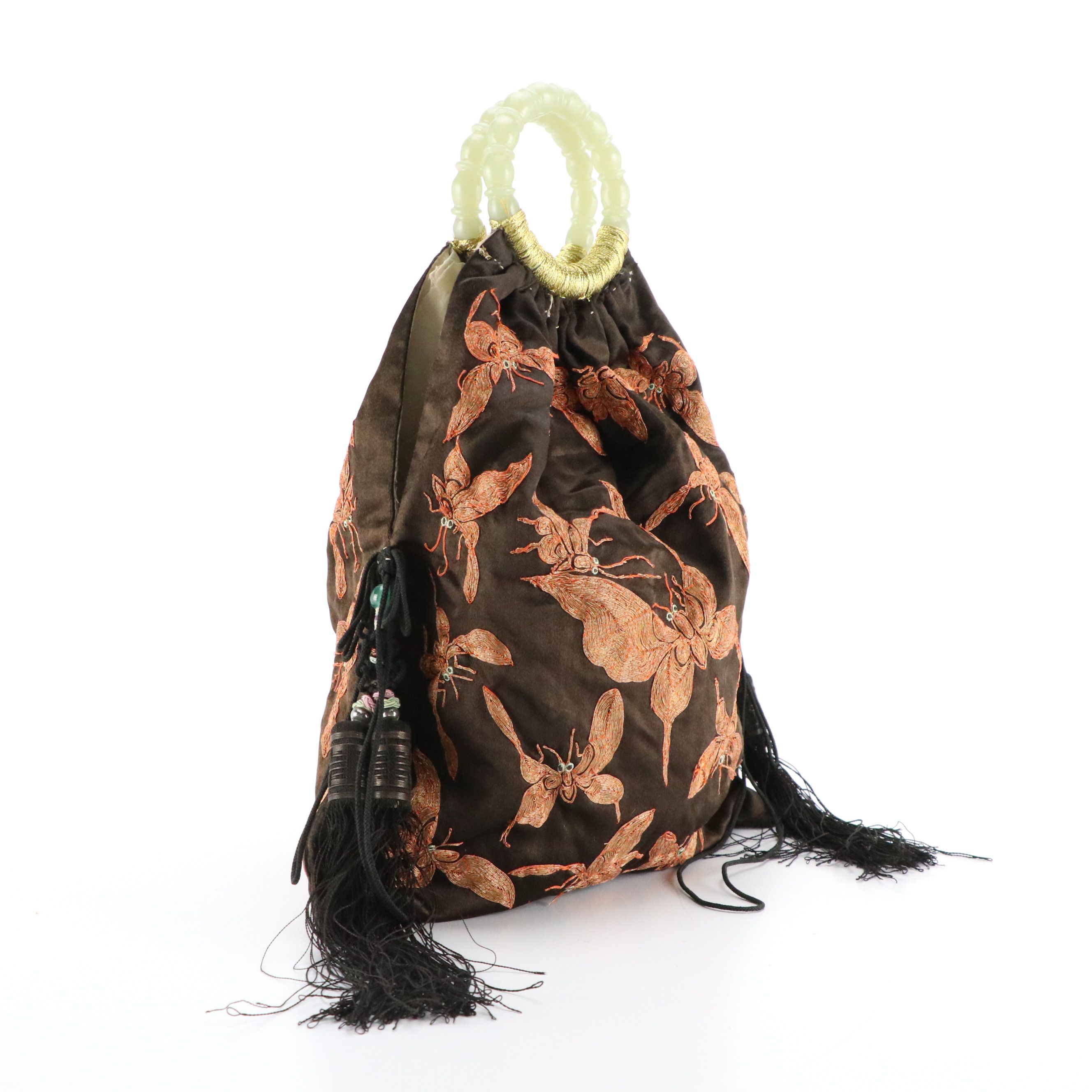 Chinese Serpentine Ring Handle Silk Bag with Couched Moth Embroidery