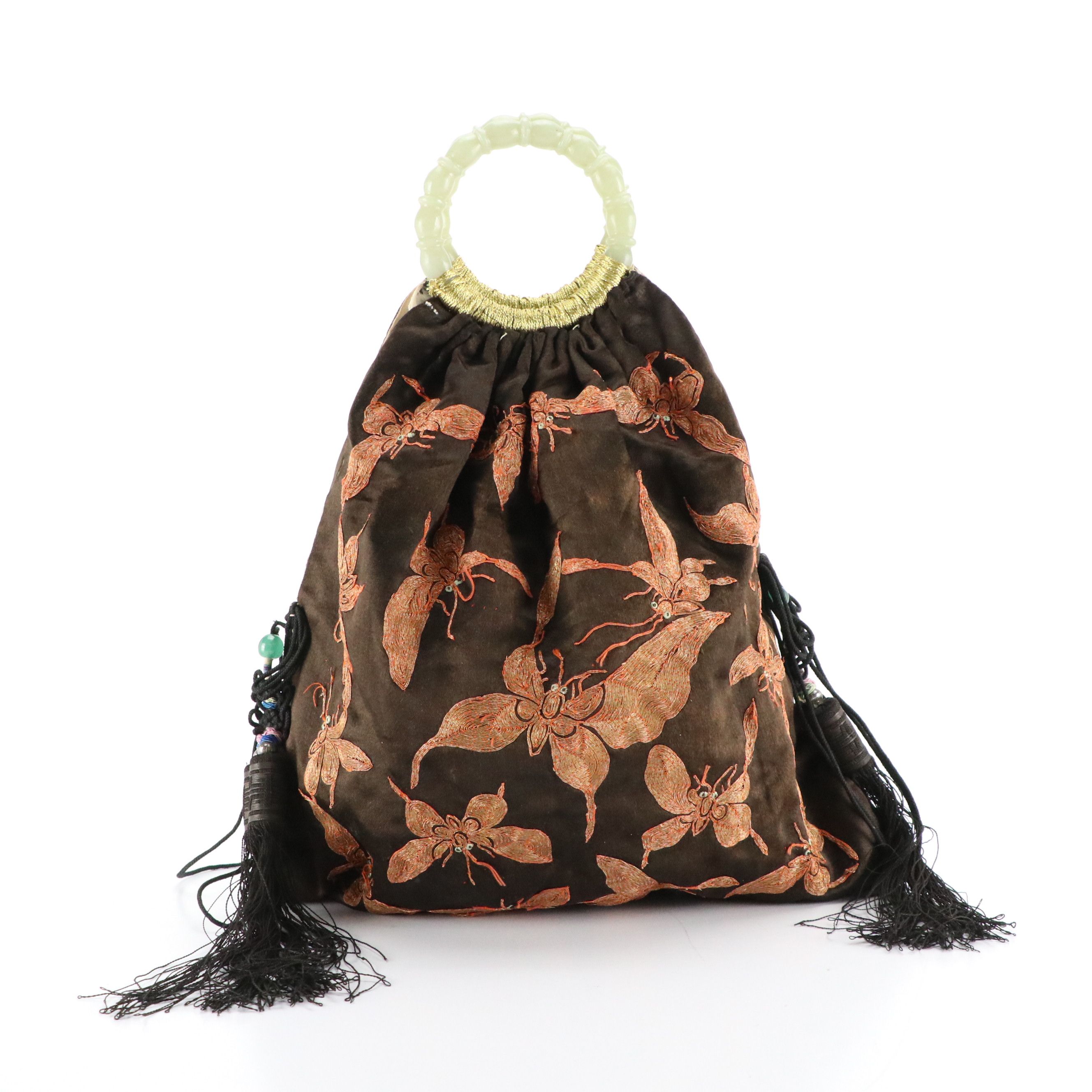 Chinese Serpentine Ring Handle Silk Bag with Couched Moth Embroidery