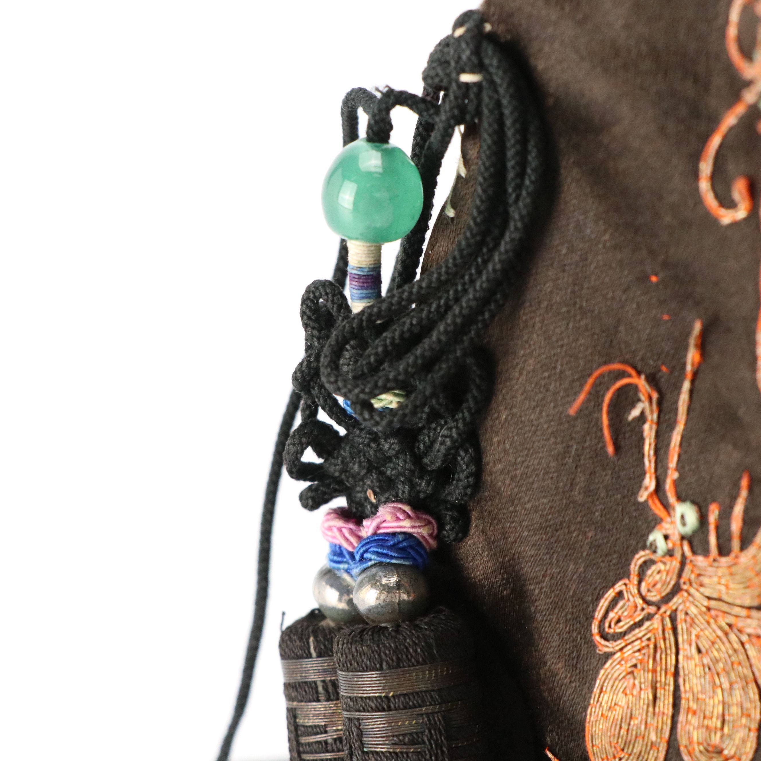 Chinese Serpentine Ring Handle Silk Bag with Couched Moth Embroidery