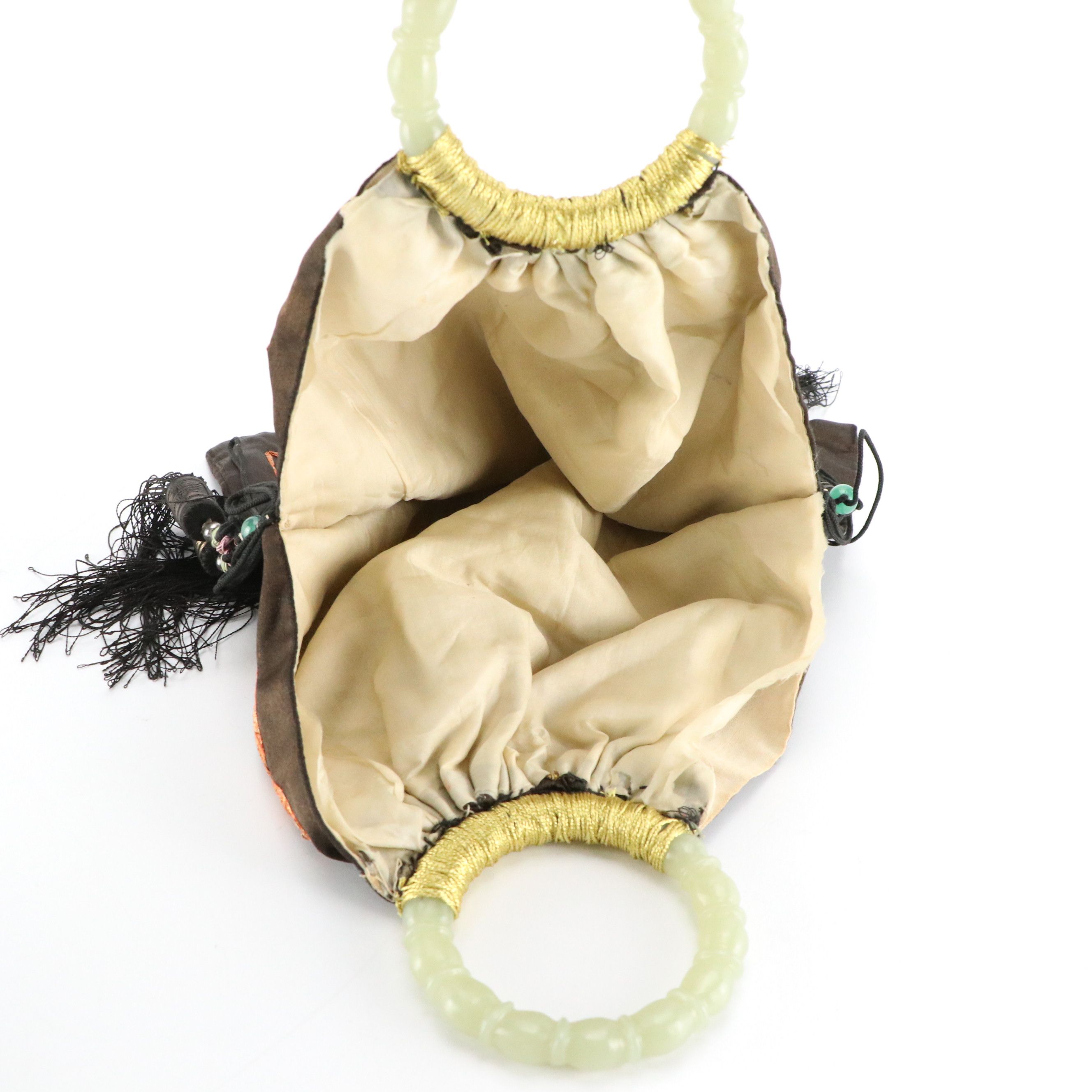 Chinese Serpentine Ring Handle Silk Bag with Couched Moth Embroidery