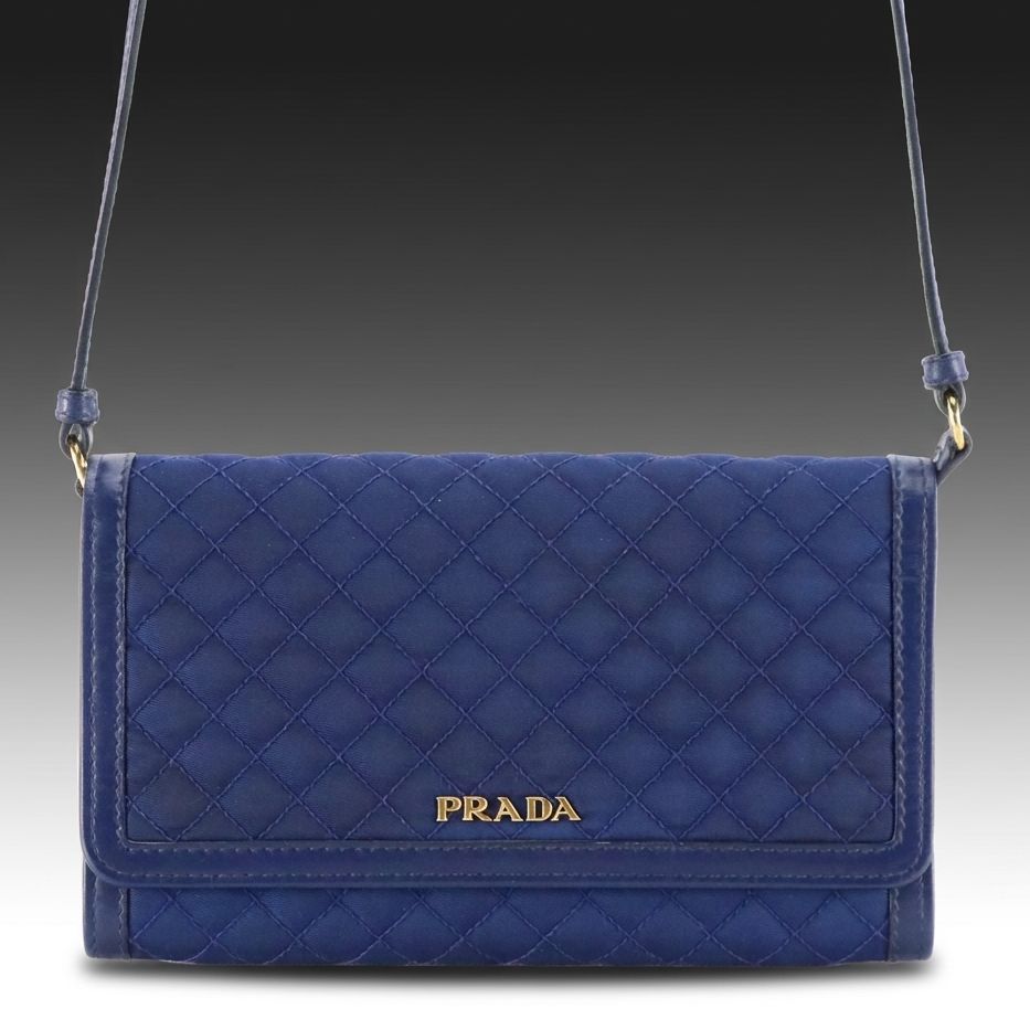 Prada Impuntu Wallet on Strap Crossbody in Blue Quilted Tessuto Nylon & Leather