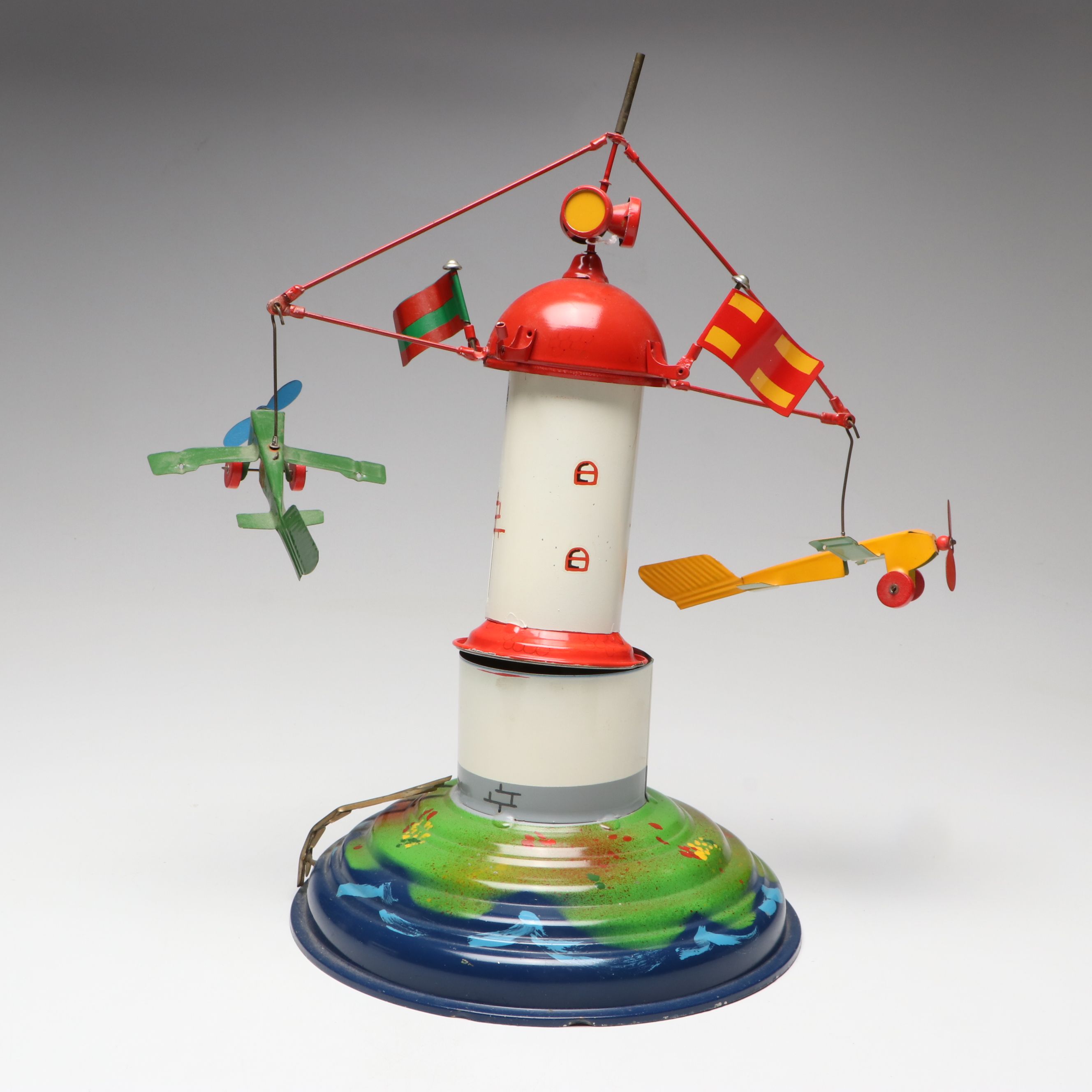 Tucher & Walther German Airplane and Tower Tin Lithograph Wind-up Toy