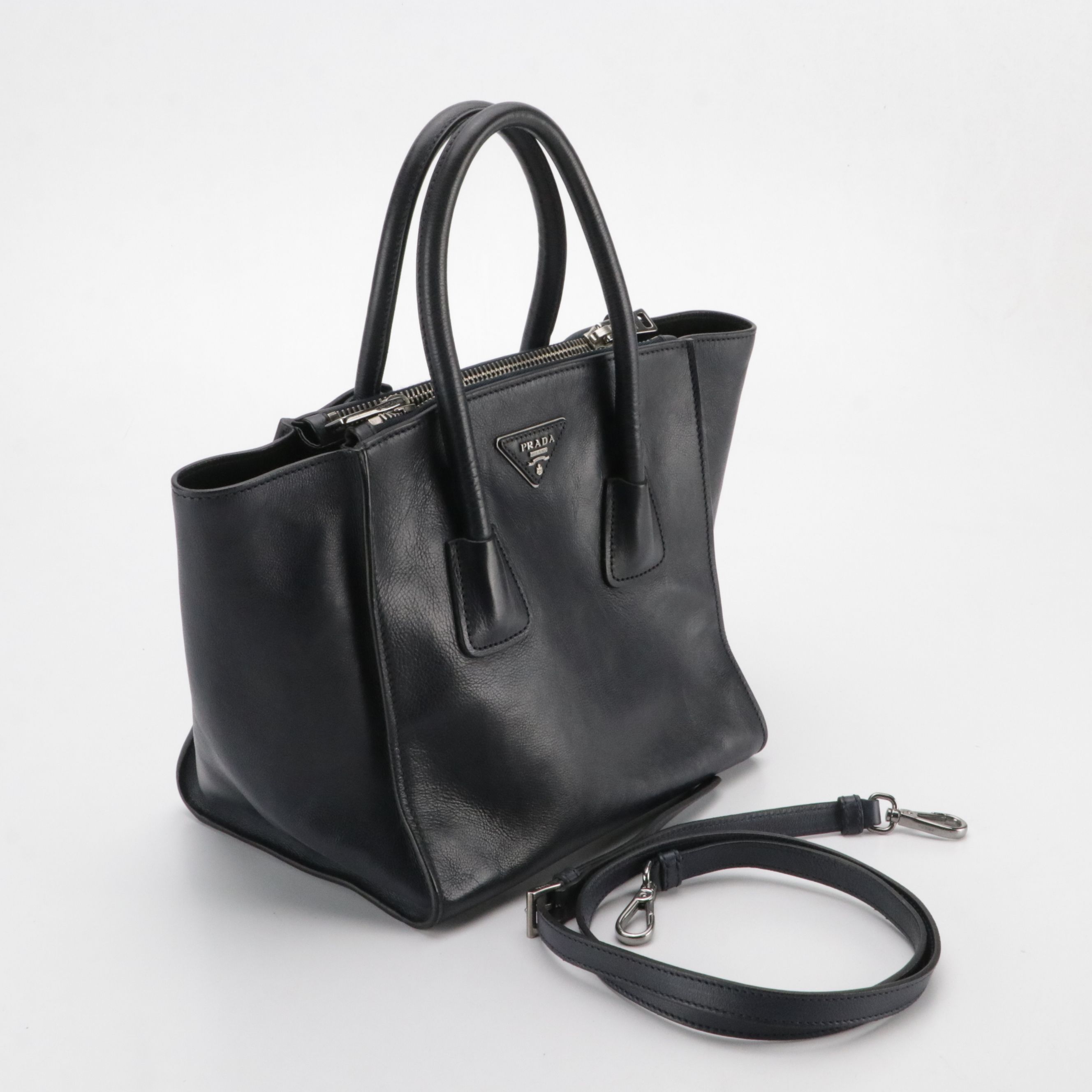Prada Twin Pocket Two-Way Tote Bag in Baltico Glace Calfskin Leather