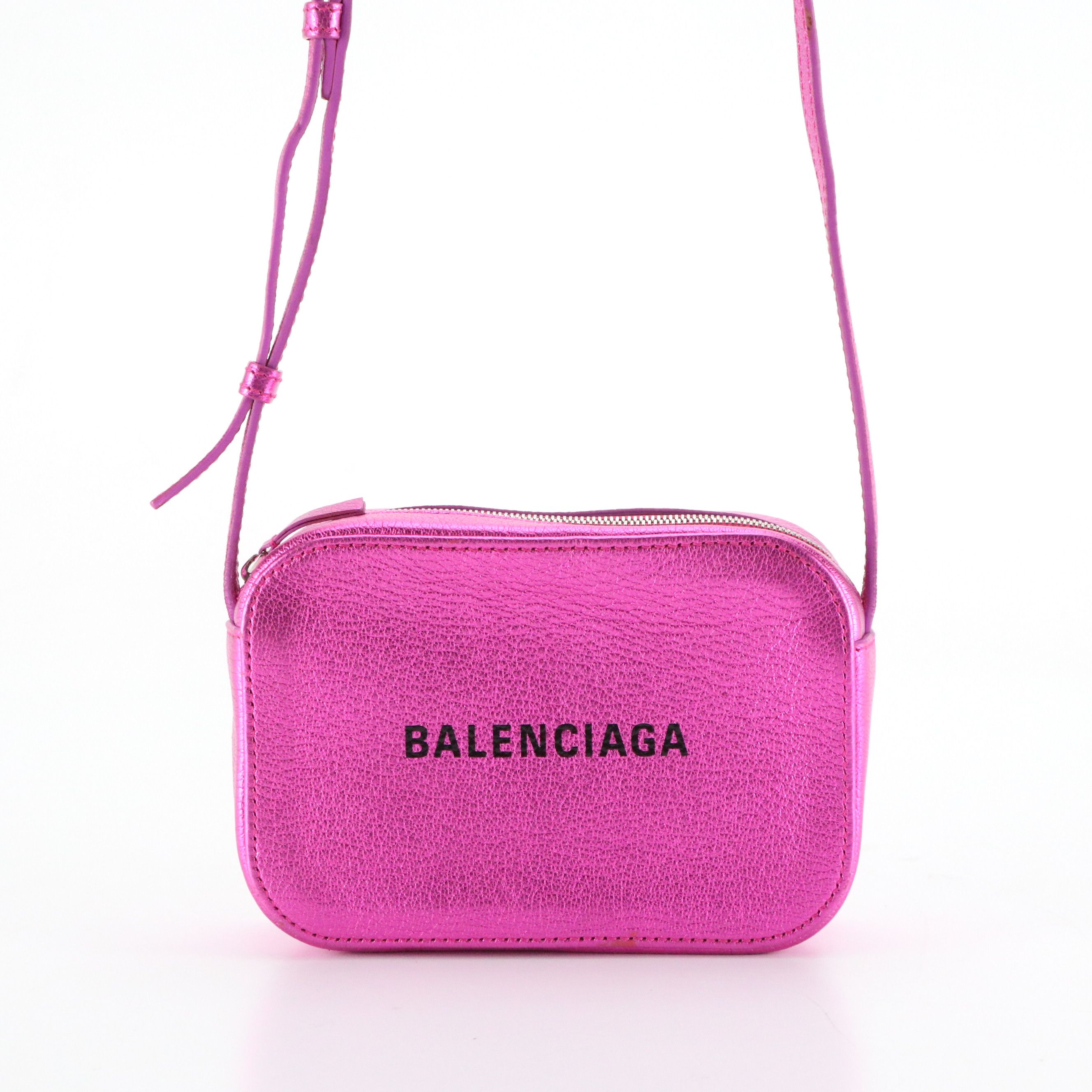 Balenciaga XS Everyday Crossbody Camera Bag in Metallic Pink Grained Leather