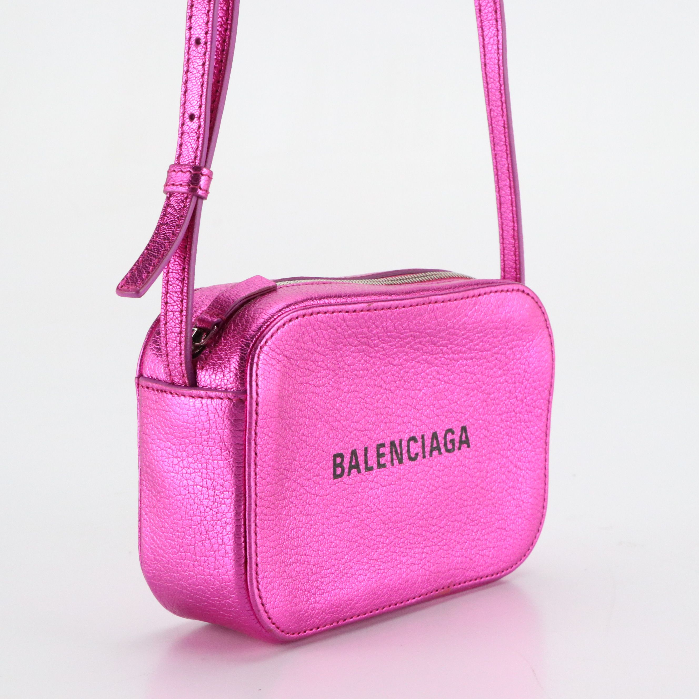 Balenciaga XS Everyday Crossbody Camera Bag in Metallic Pink Grained Leather