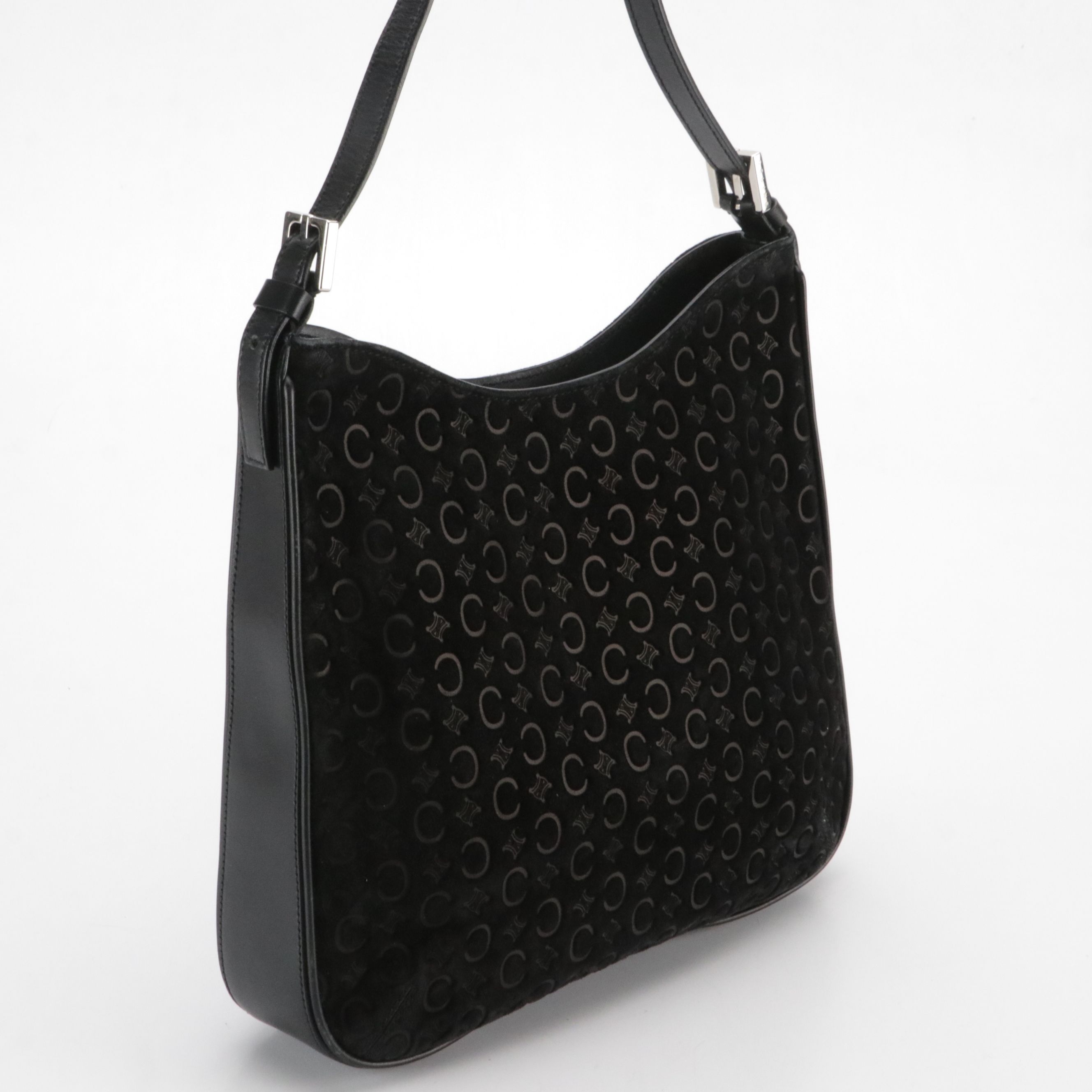 Celine Hobo Shoulder Bag in Black C Macadam Embossed Suede and Leather