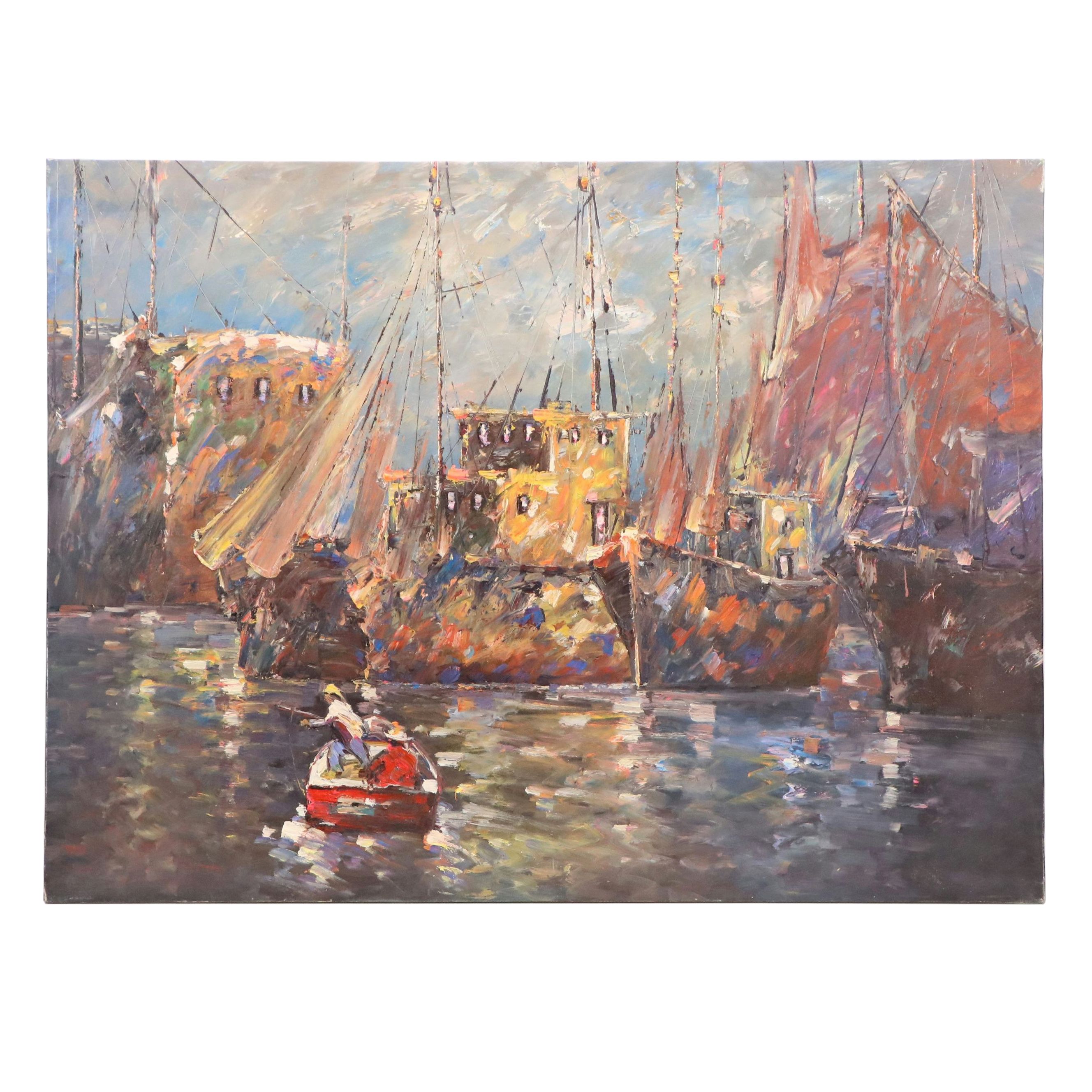Harbor Scene Oil Painting, Late 20th or 21st Century