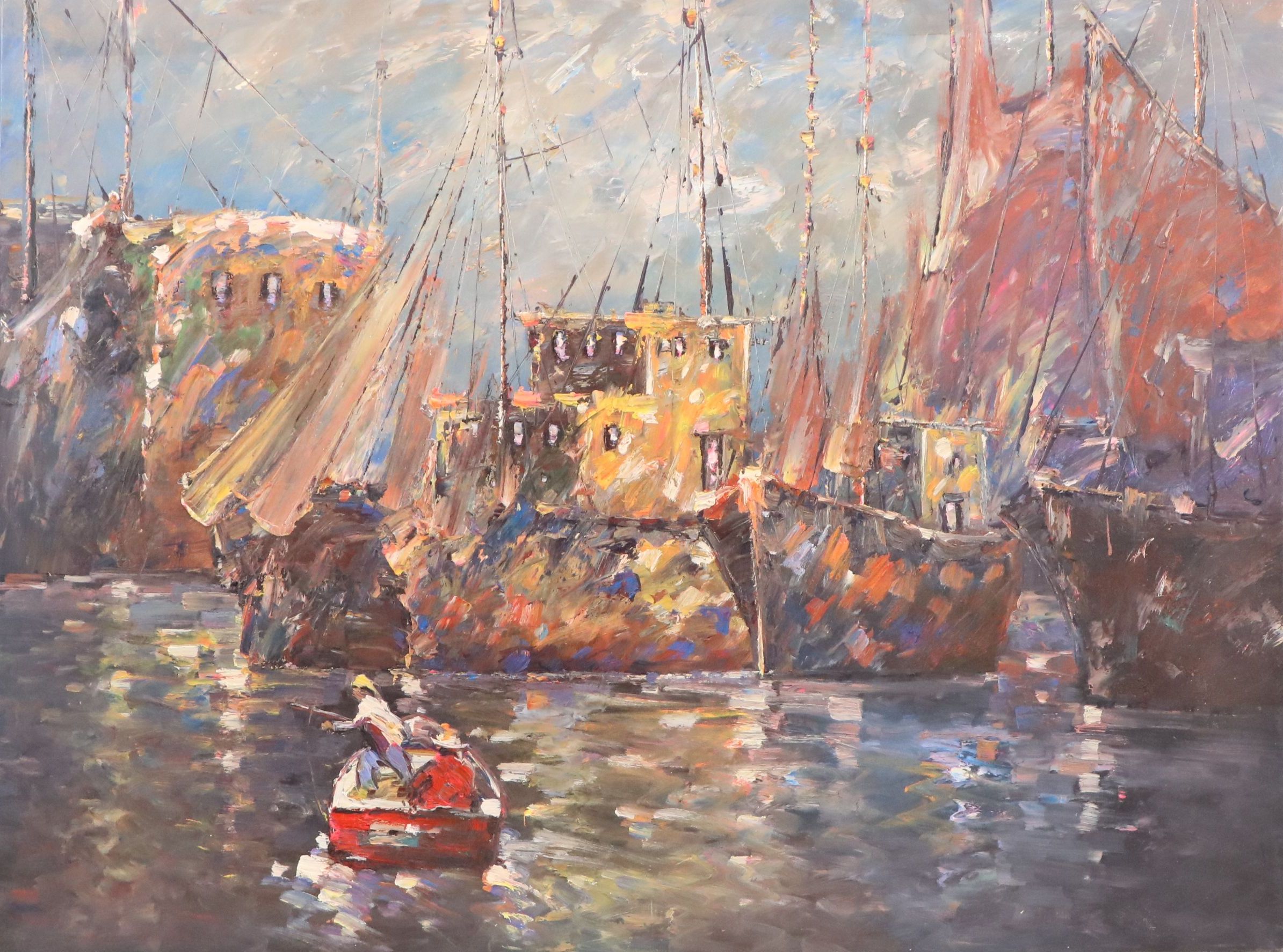 Harbor Scene Oil Painting, Late 20th or 21st Century