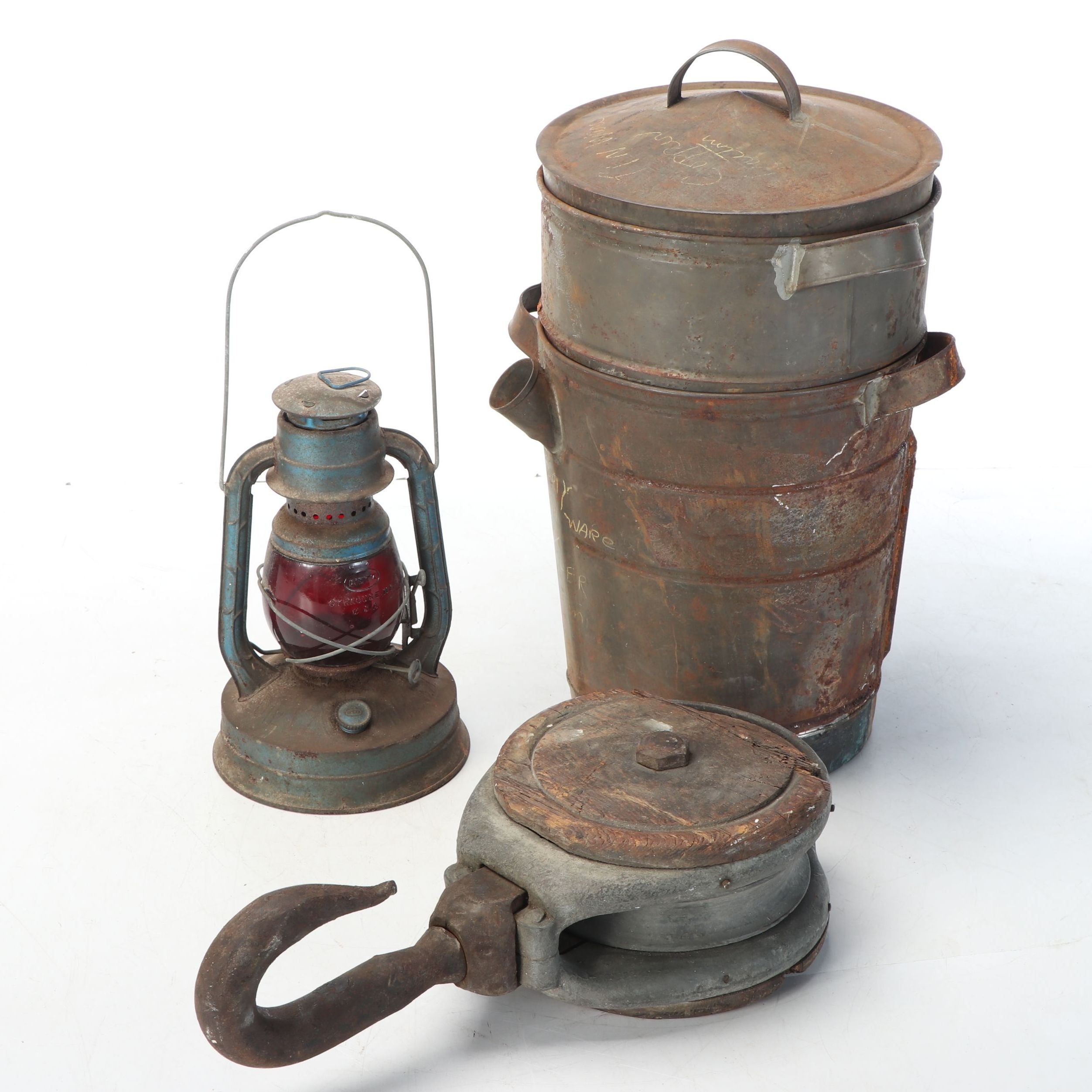 Dietz No. 100 Kerosene Lamp with Industrial Pulley and Stacked Cookware, Antique