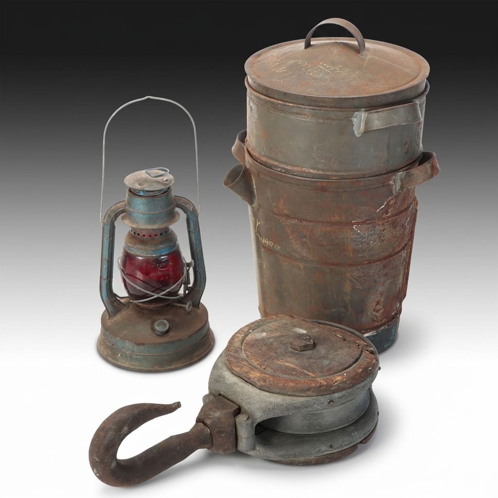 Dietz No. 100 Kerosene Lamp with Industrial Pulley and Stacked Cookware, Antique