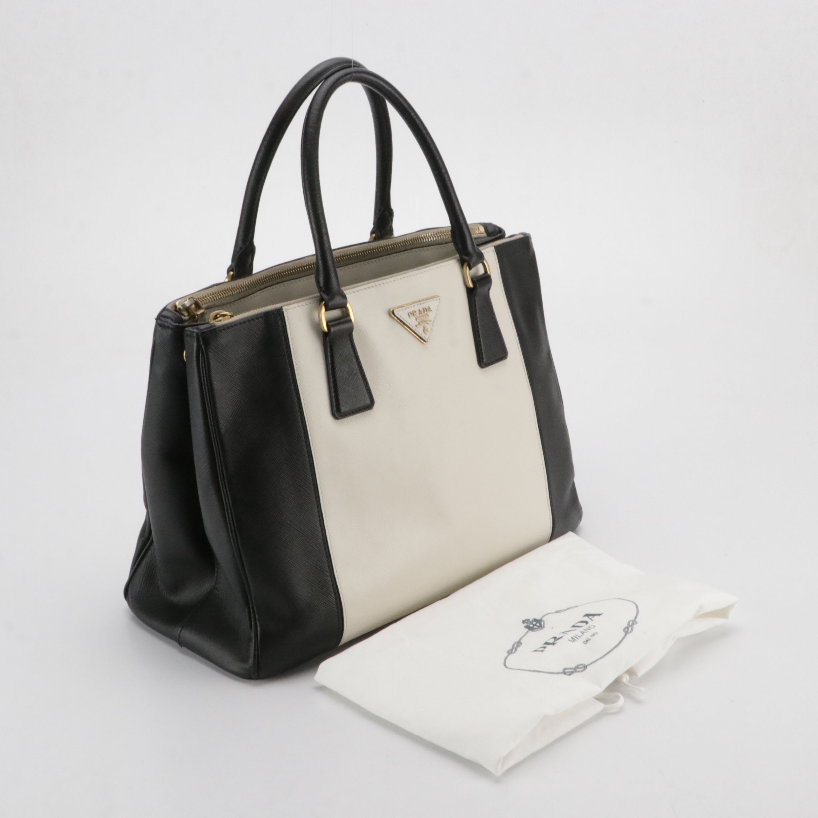 Prada Double Zip Galleria Tote Bag in Black & White Saffiano Leather
