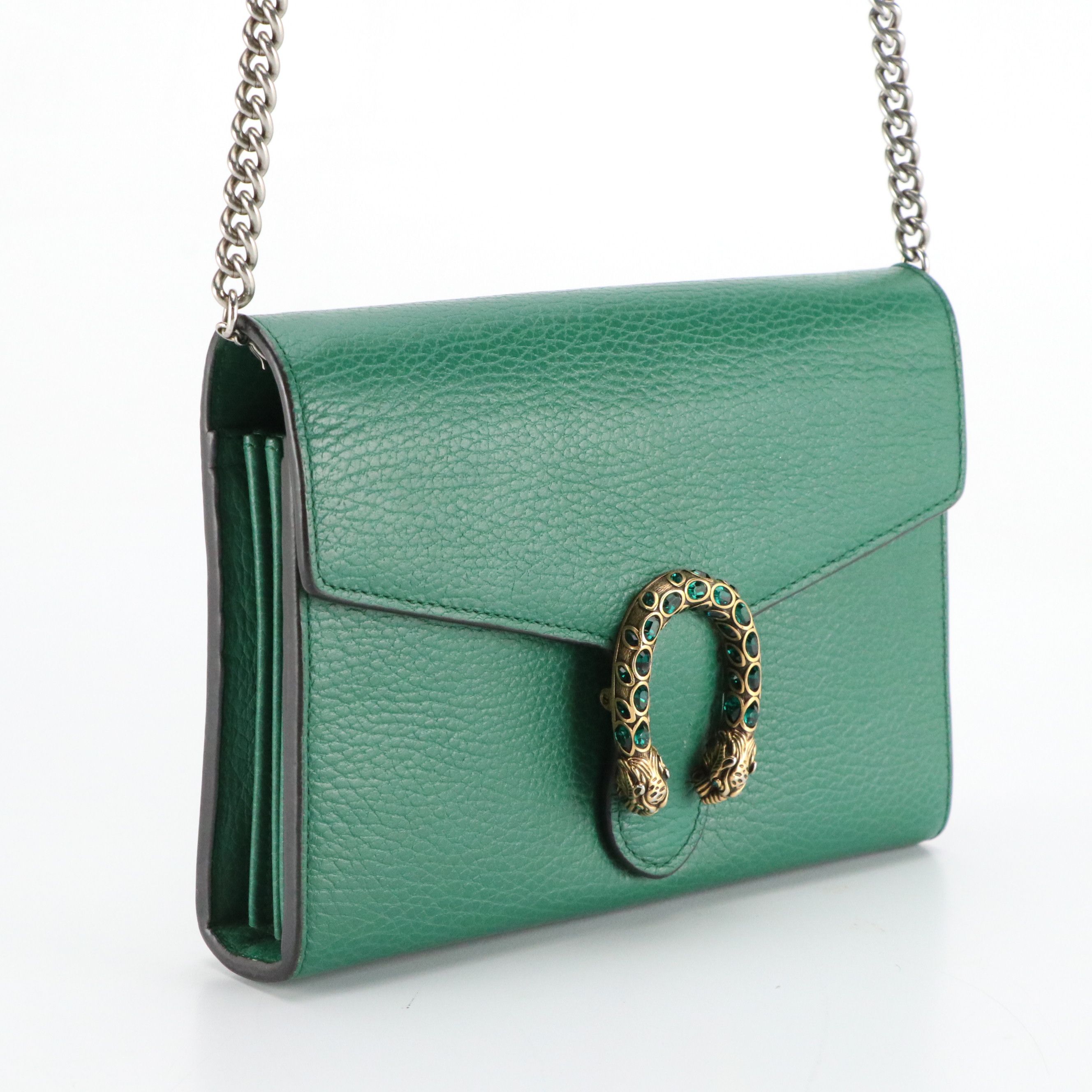 Gucci Small Crystal Dionysus Crossbody Bag in Green Grained Leather