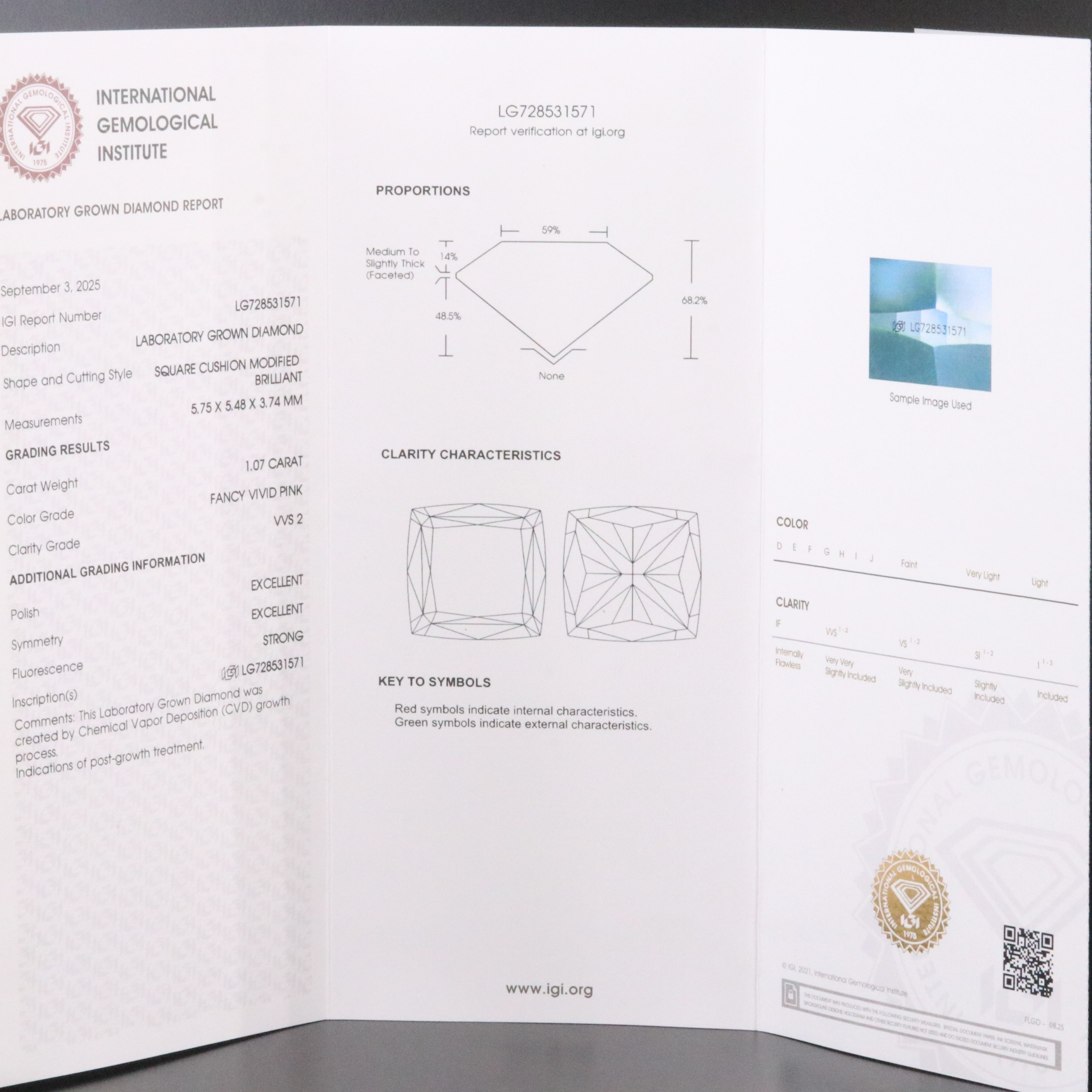 Loose 1.07 CT Lab Grown Fancy Vivid Pink Diamond with IGI Report