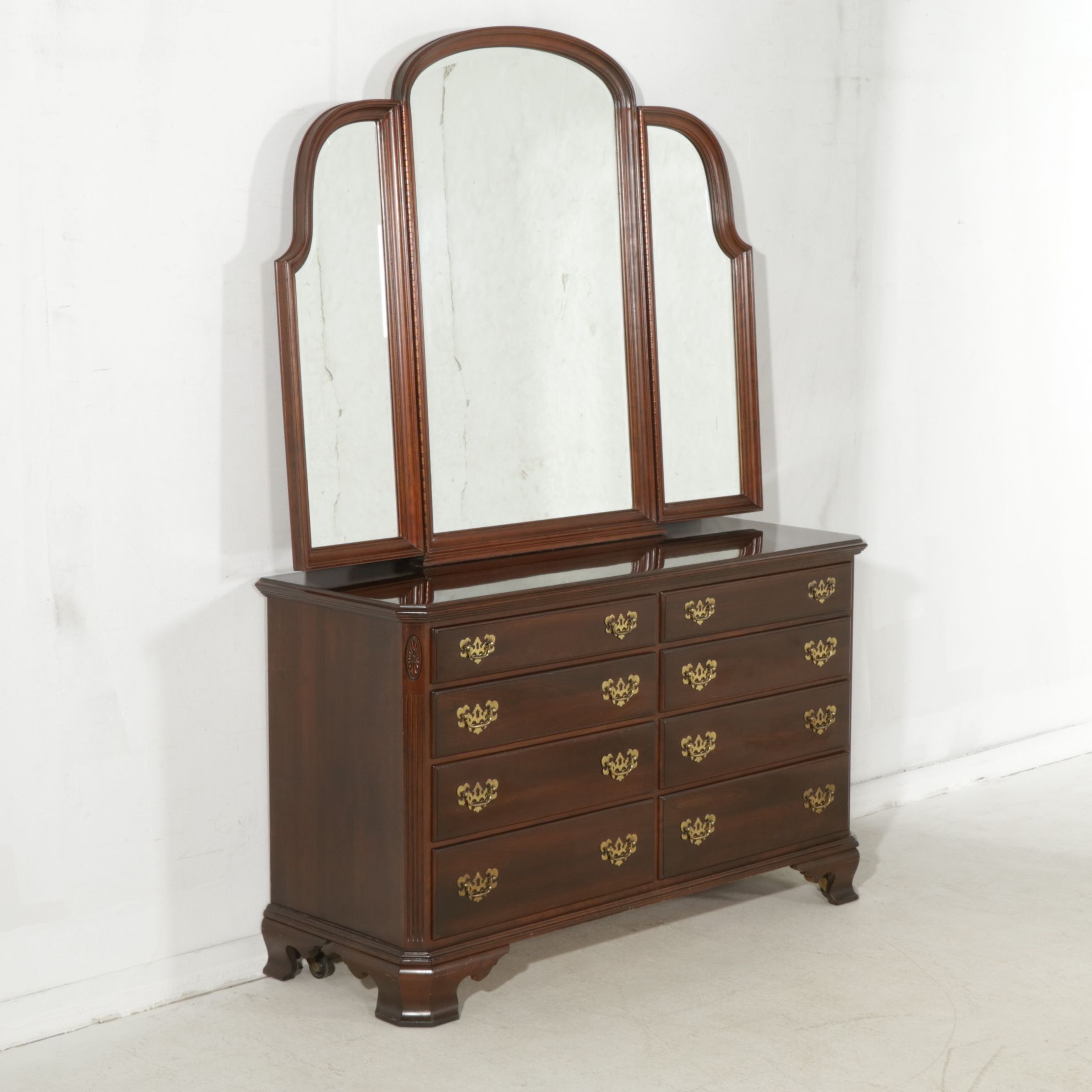 Ethan Allen Federal Style Cherry Dresser with Tri-Fold Mirror