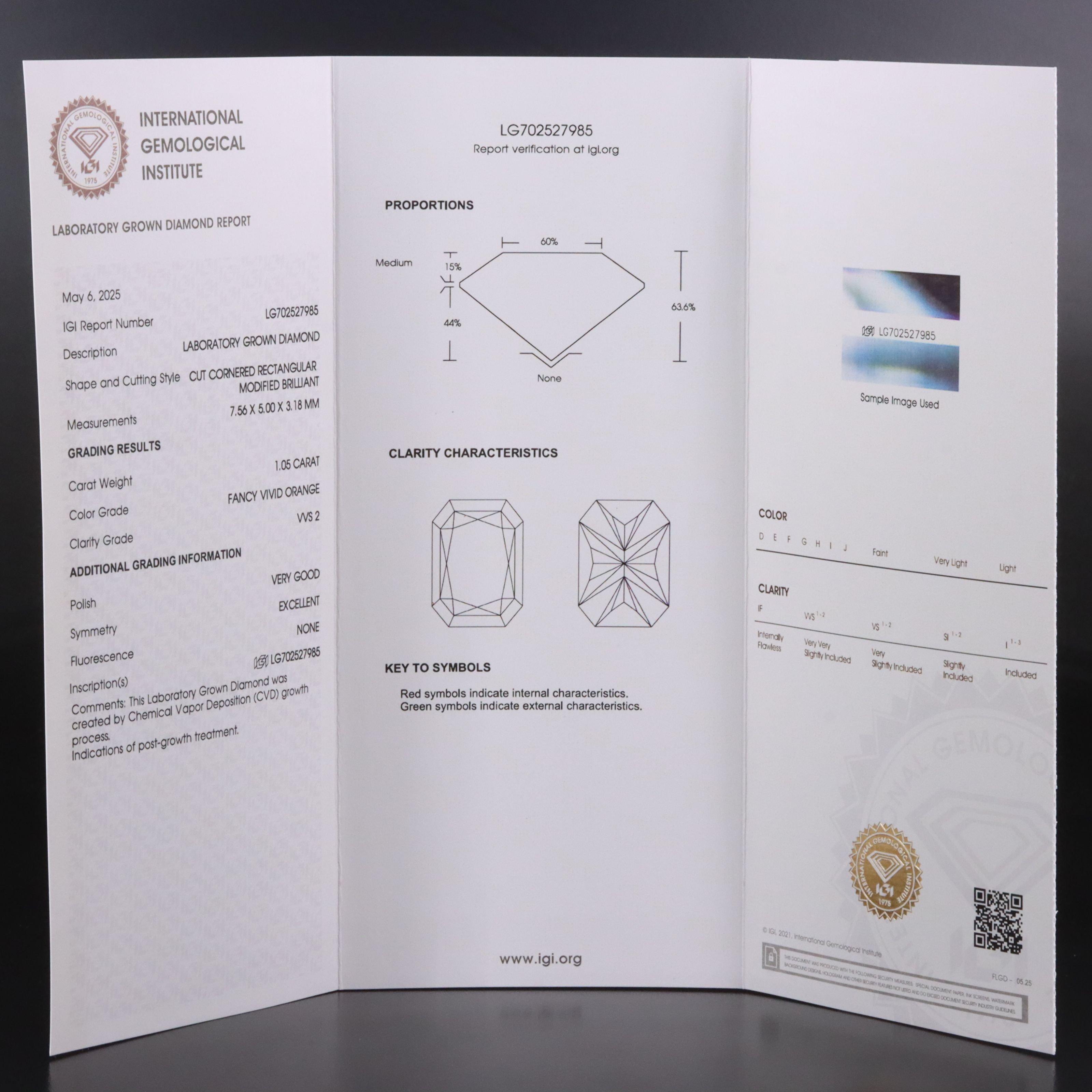Loose 1.05 CT Lab Grown Fancy Vivid Orange Diamond with IGI Report