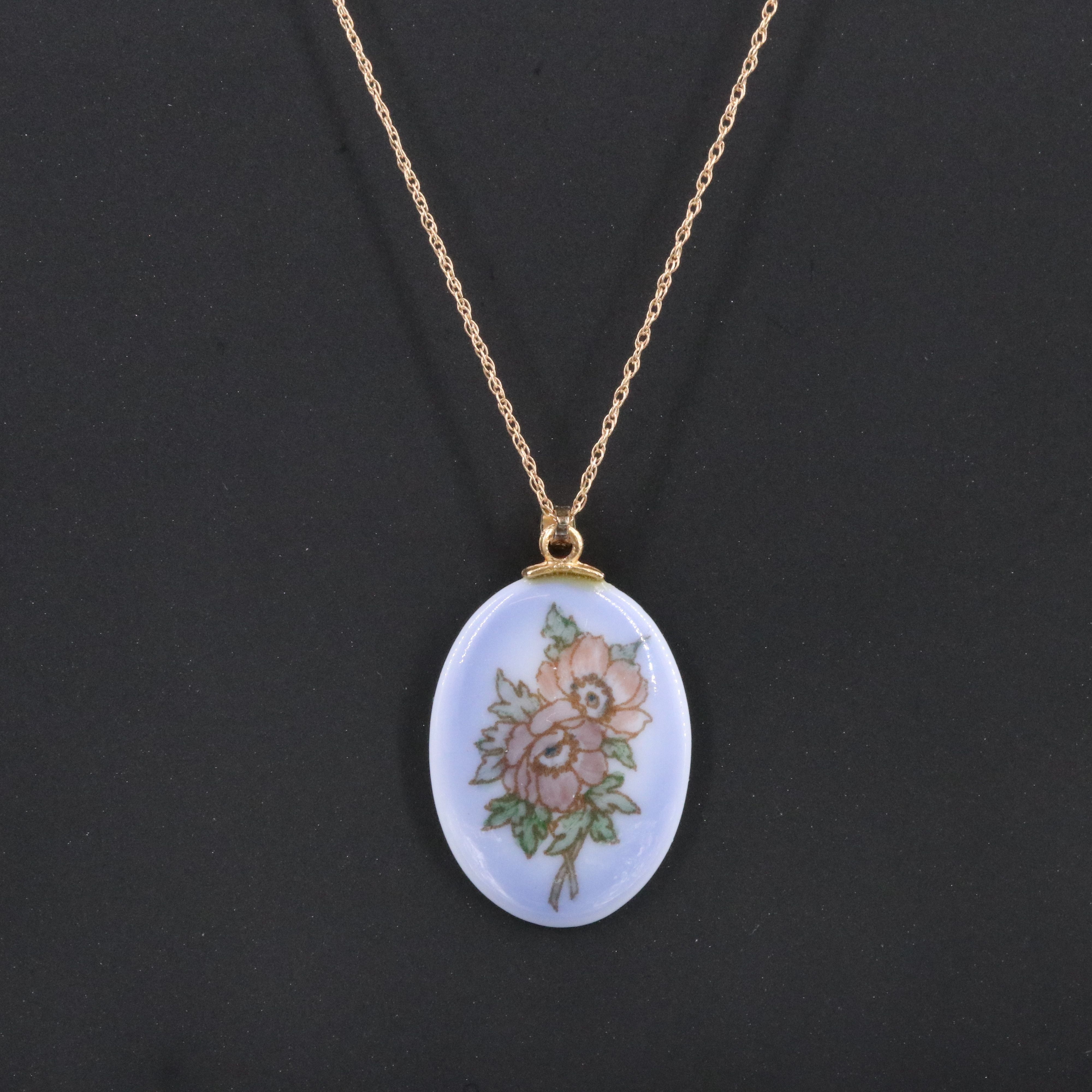 10K and 14K Bing & Grondahl Porcelain Flower Pendant Necklace