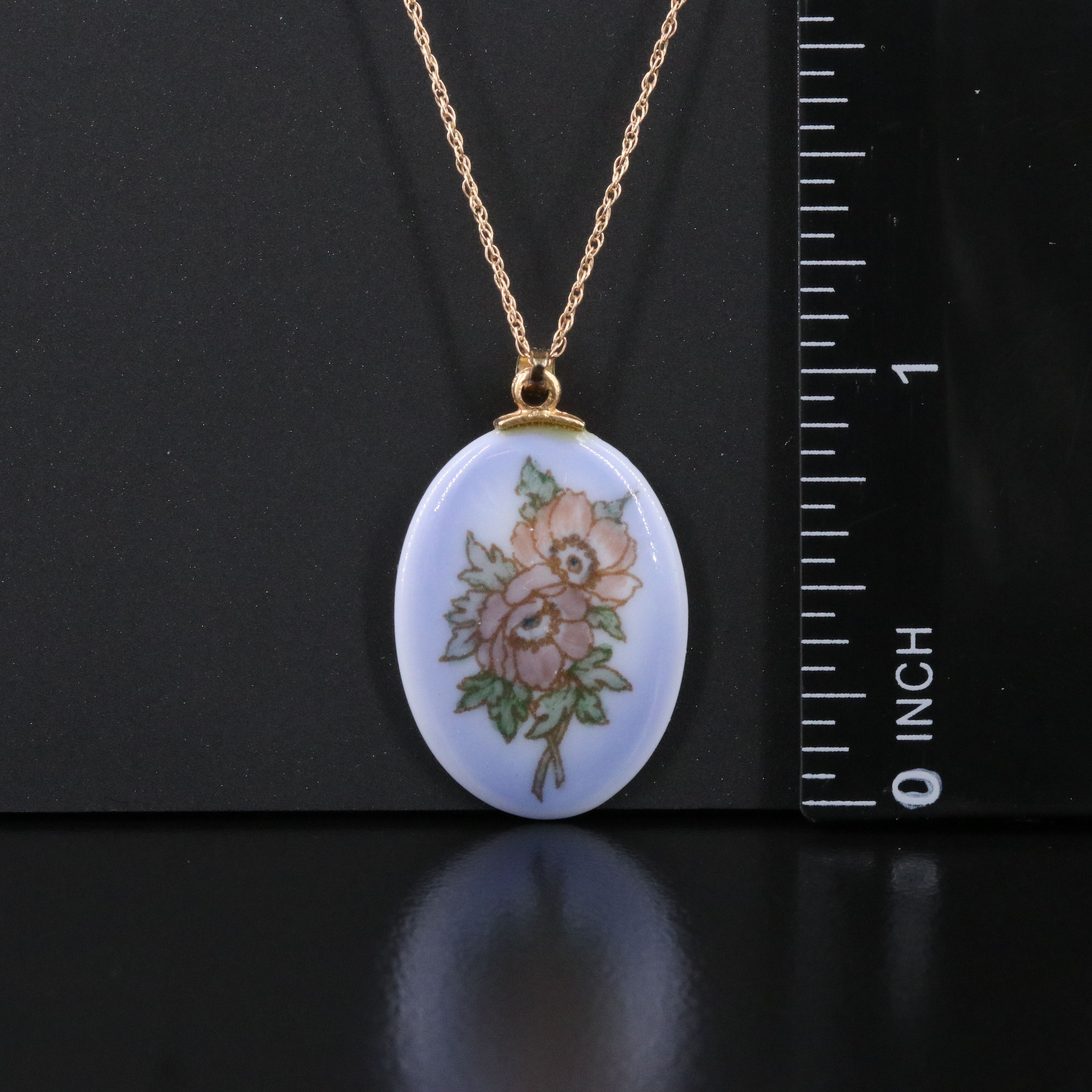 10K and 14K Bing & Grondahl Porcelain Flower Pendant Necklace