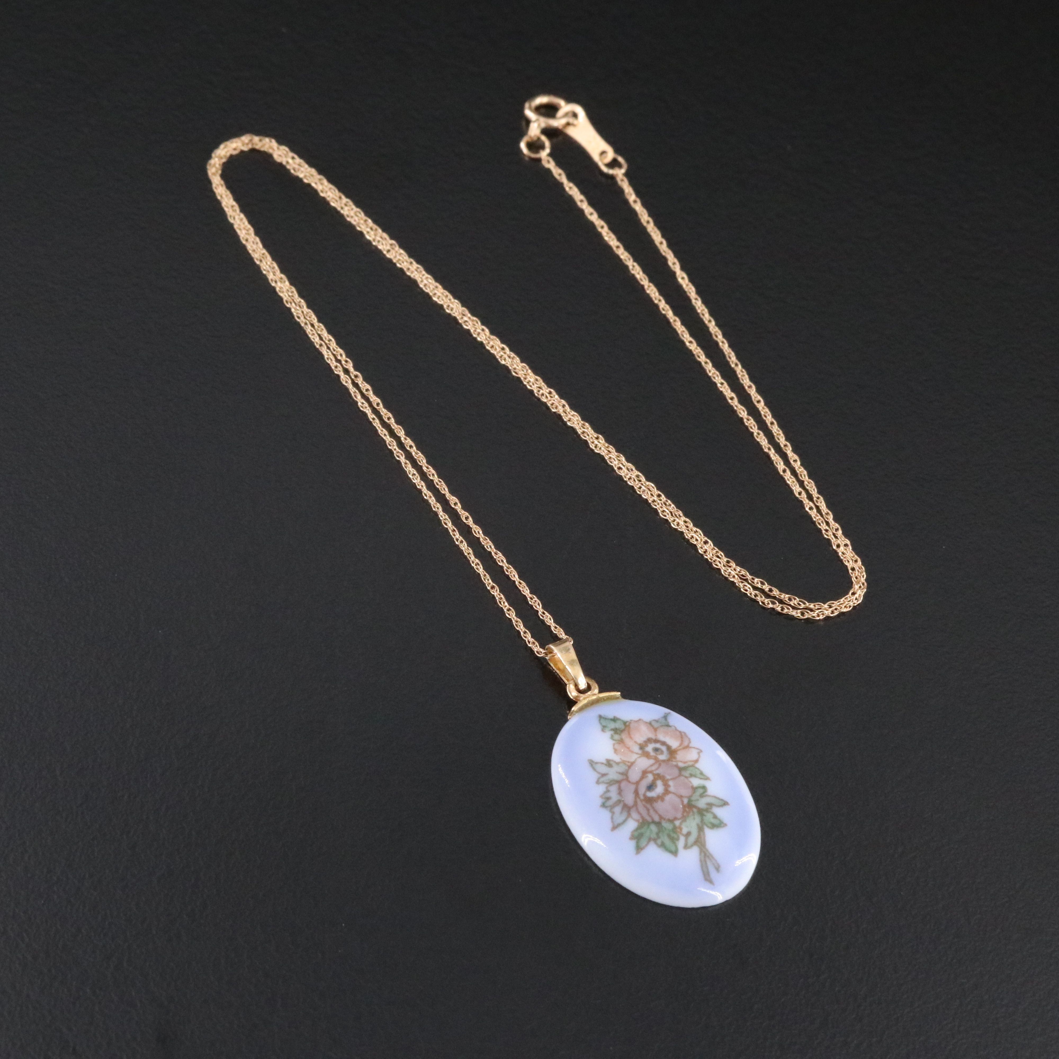 10K and 14K Bing & Grondahl Porcelain Flower Pendant Necklace