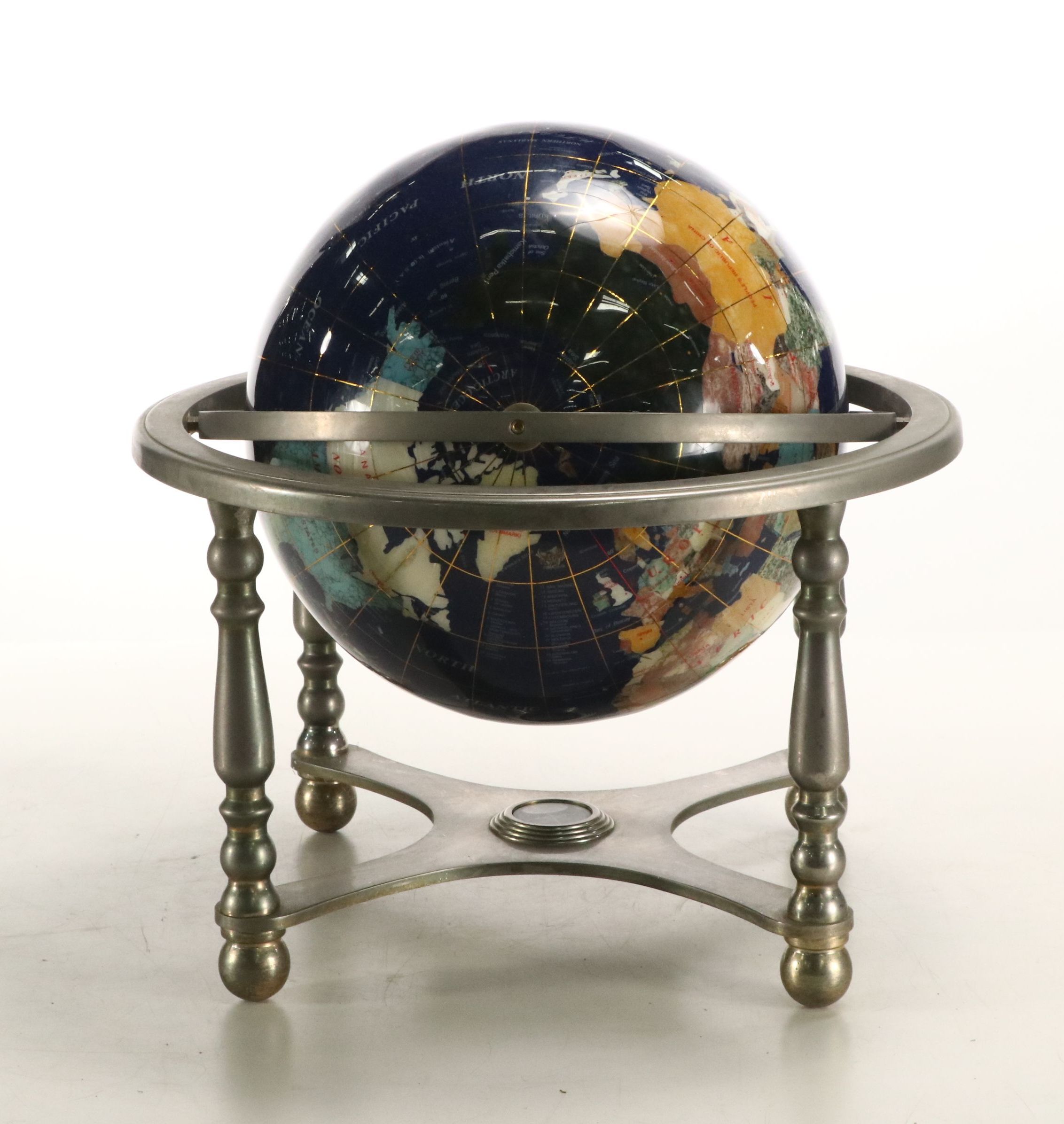Gemstone Inlaid Globe on Footed Brass Finish Compass Stand