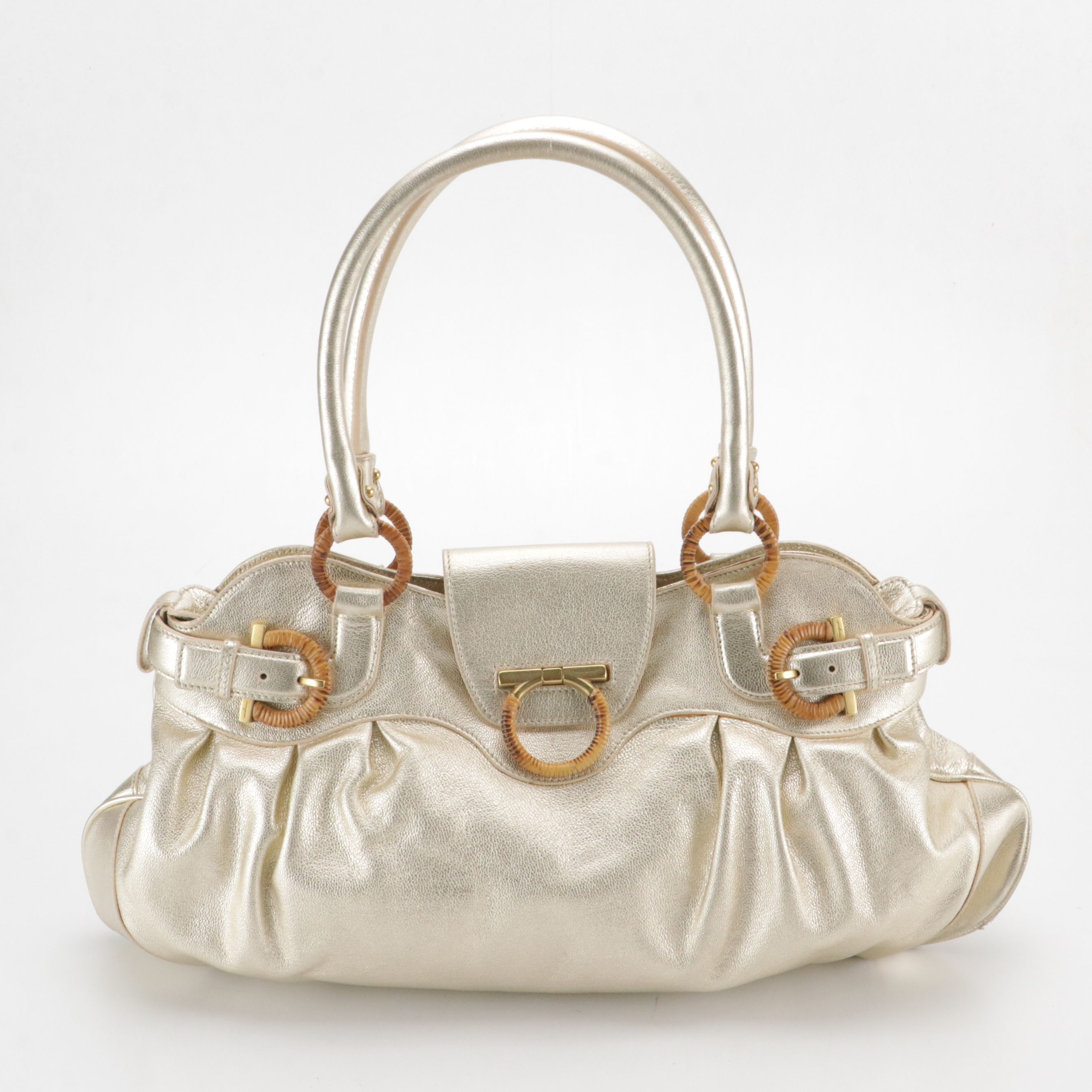 Salvatore Ferragamo Gancini Satchel in Metallic Leather with Wrapped Hardware