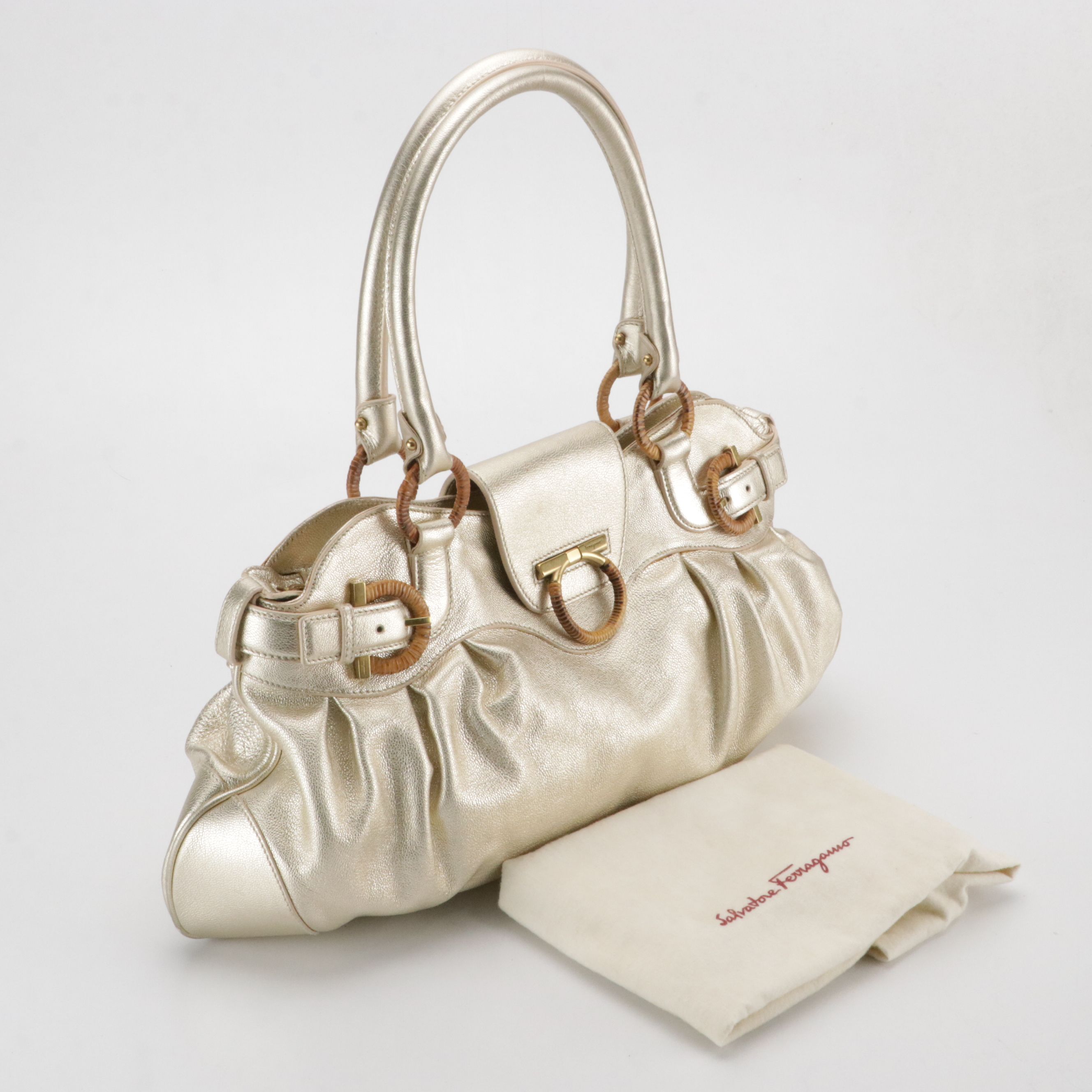 Salvatore Ferragamo Gancini Satchel in Metallic Leather with Wrapped Hardware